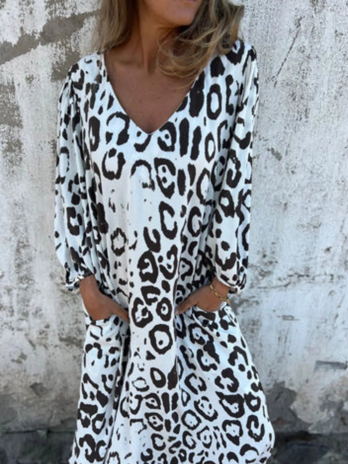 Full Size Printed V - Neck Dress with Pockets Plus Size - MAD RUFFI