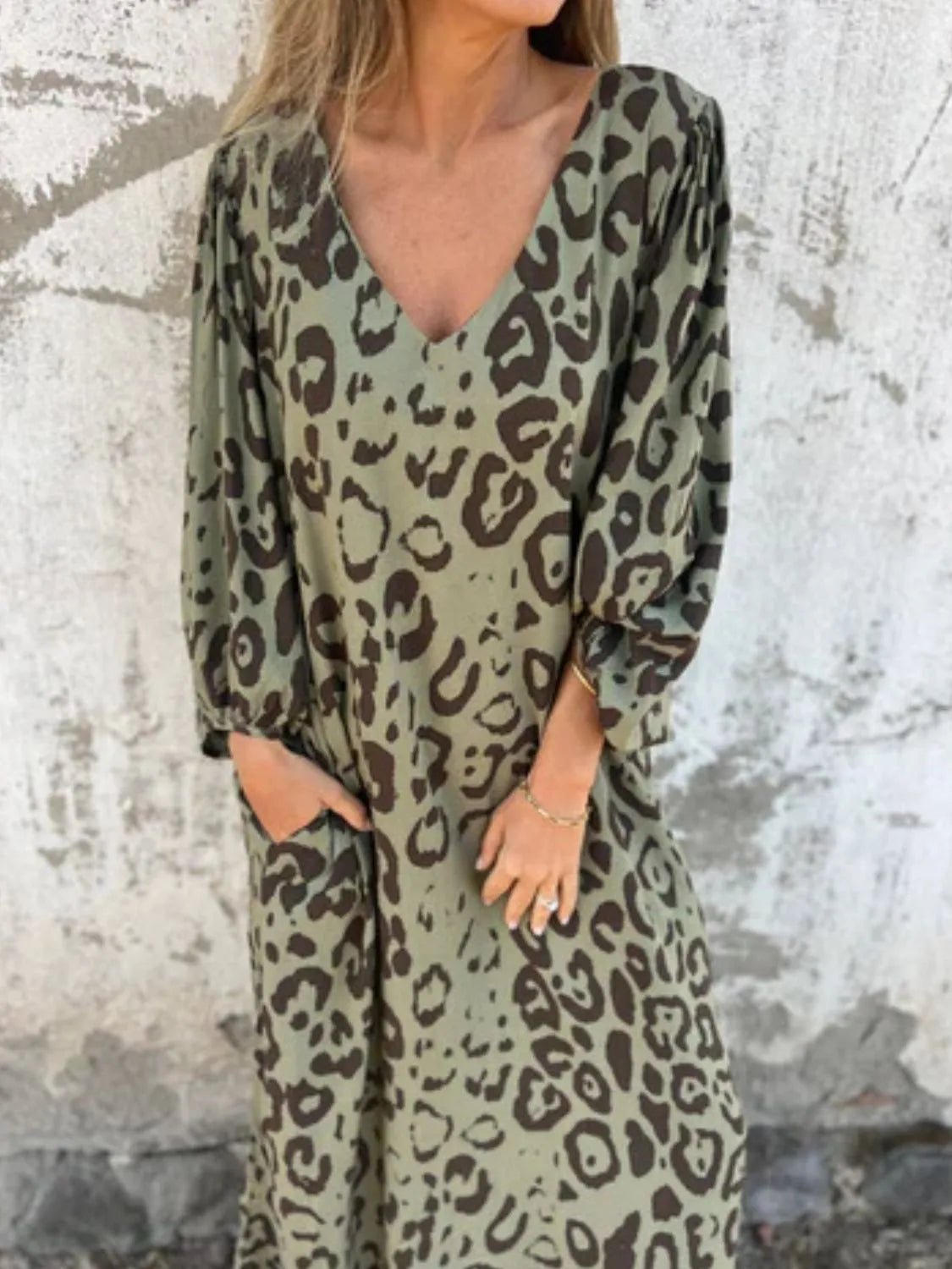 Full Size Printed V - Neck Dress with Pockets Plus Size - MAD RUFFI