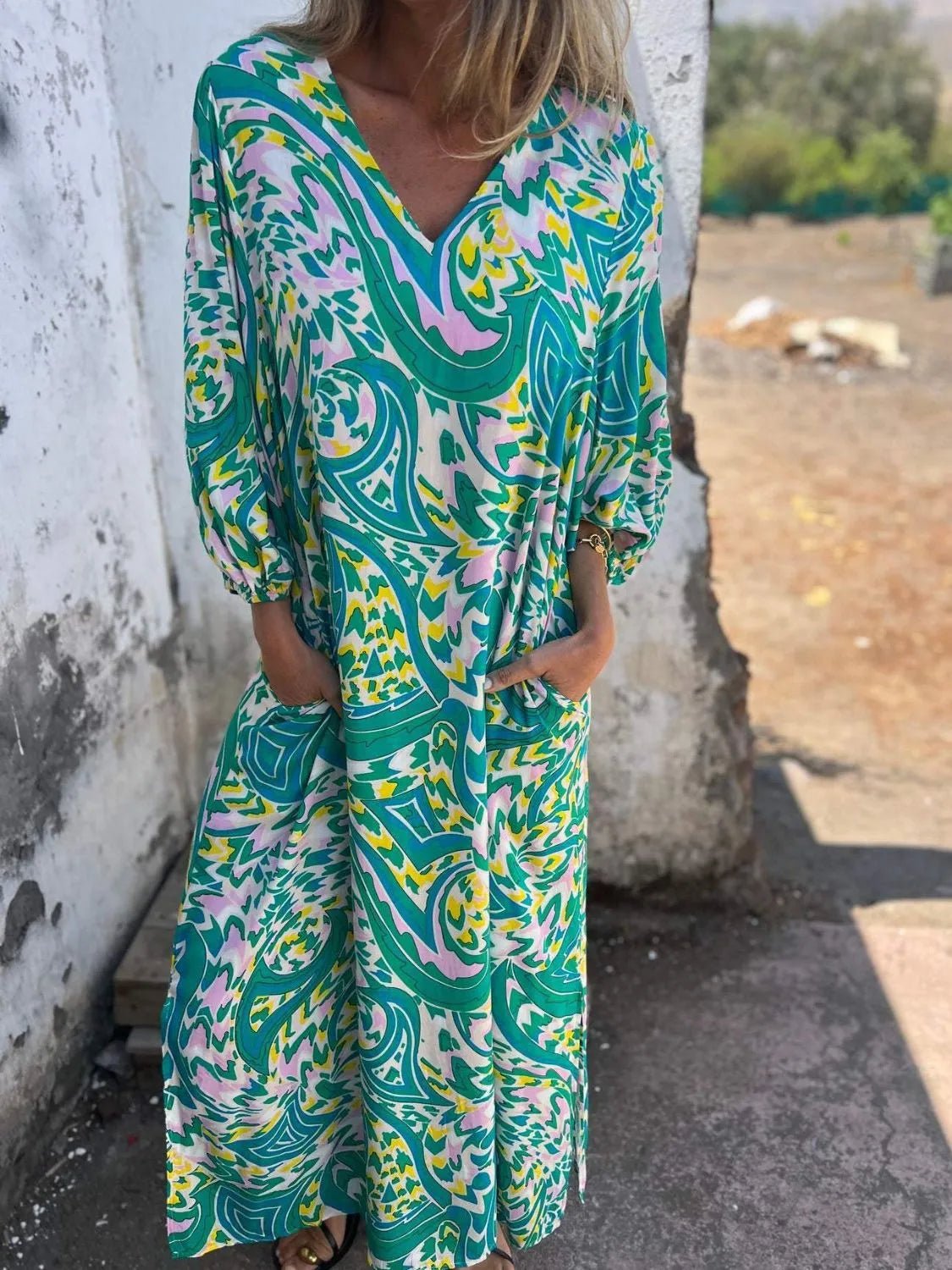 Full Size Printed V - Neck Dress with Pockets Plus Size - MAD RUFFI