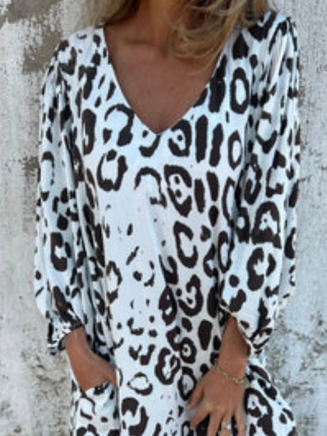 Full Size Printed V - Neck Dress with Pockets Plus Size - MAD RUFFI