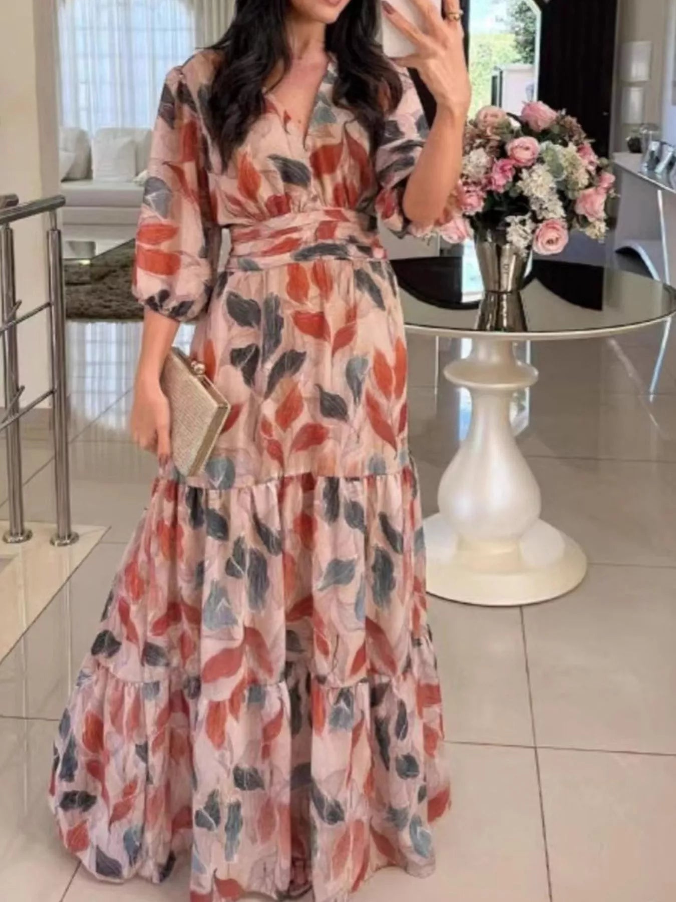 Full Size Printed V - Neck Maxi Dress with Tiered Hemline Plus Size - MAD RUFFI