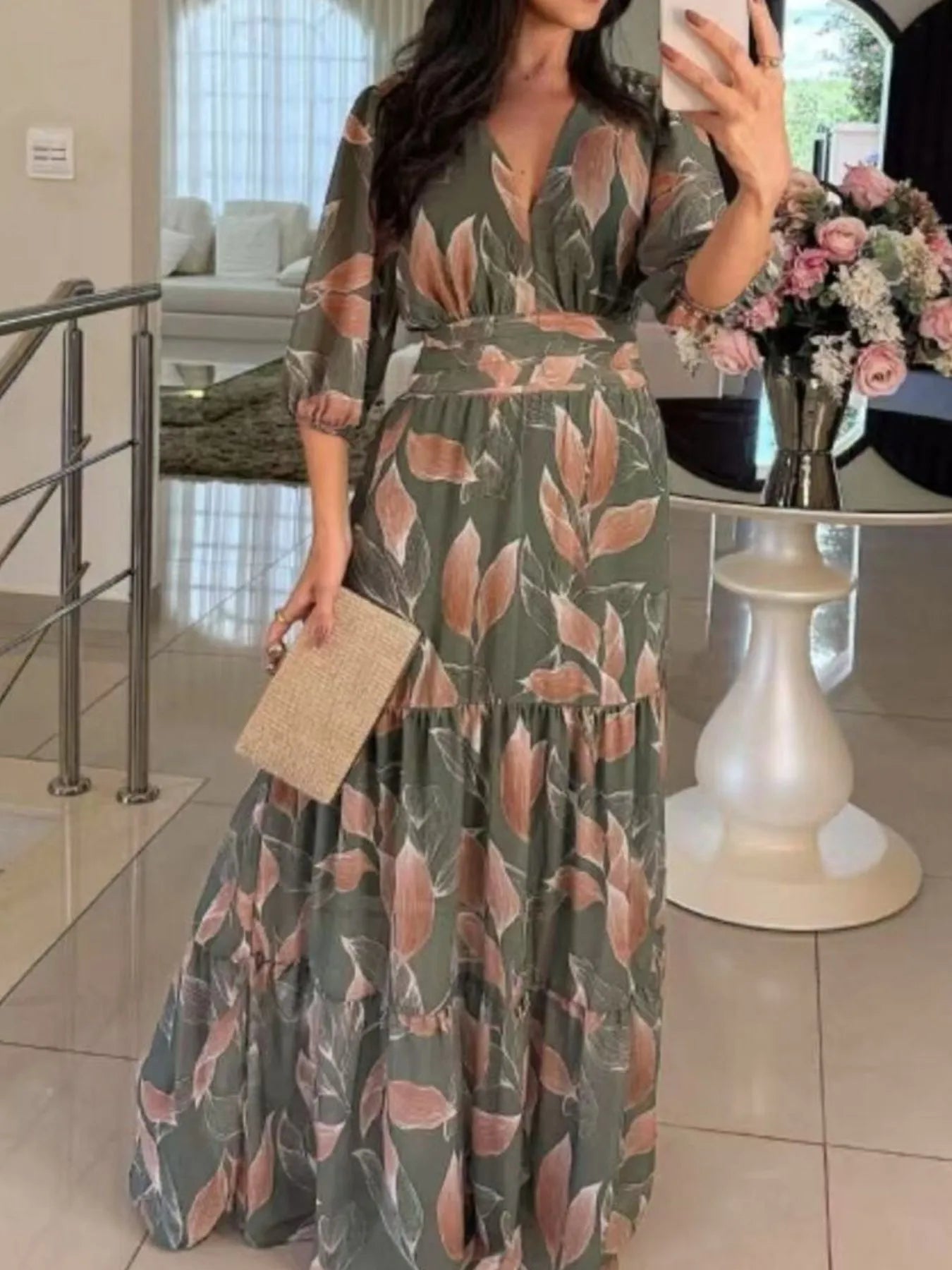 Full Size Printed V - Neck Maxi Dress with Tiered Hemline Plus Size - MAD RUFFI