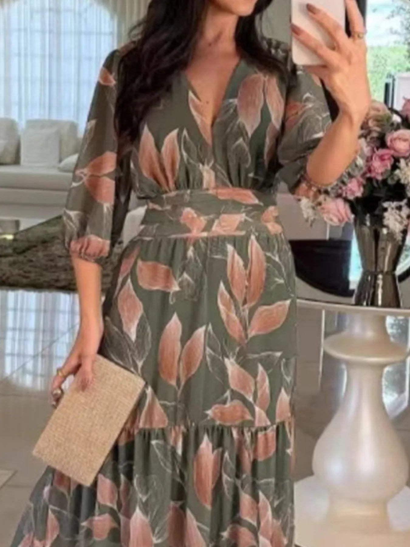 Full Size Printed V - Neck Maxi Dress with Tiered Hemline Plus Size - MAD RUFFI