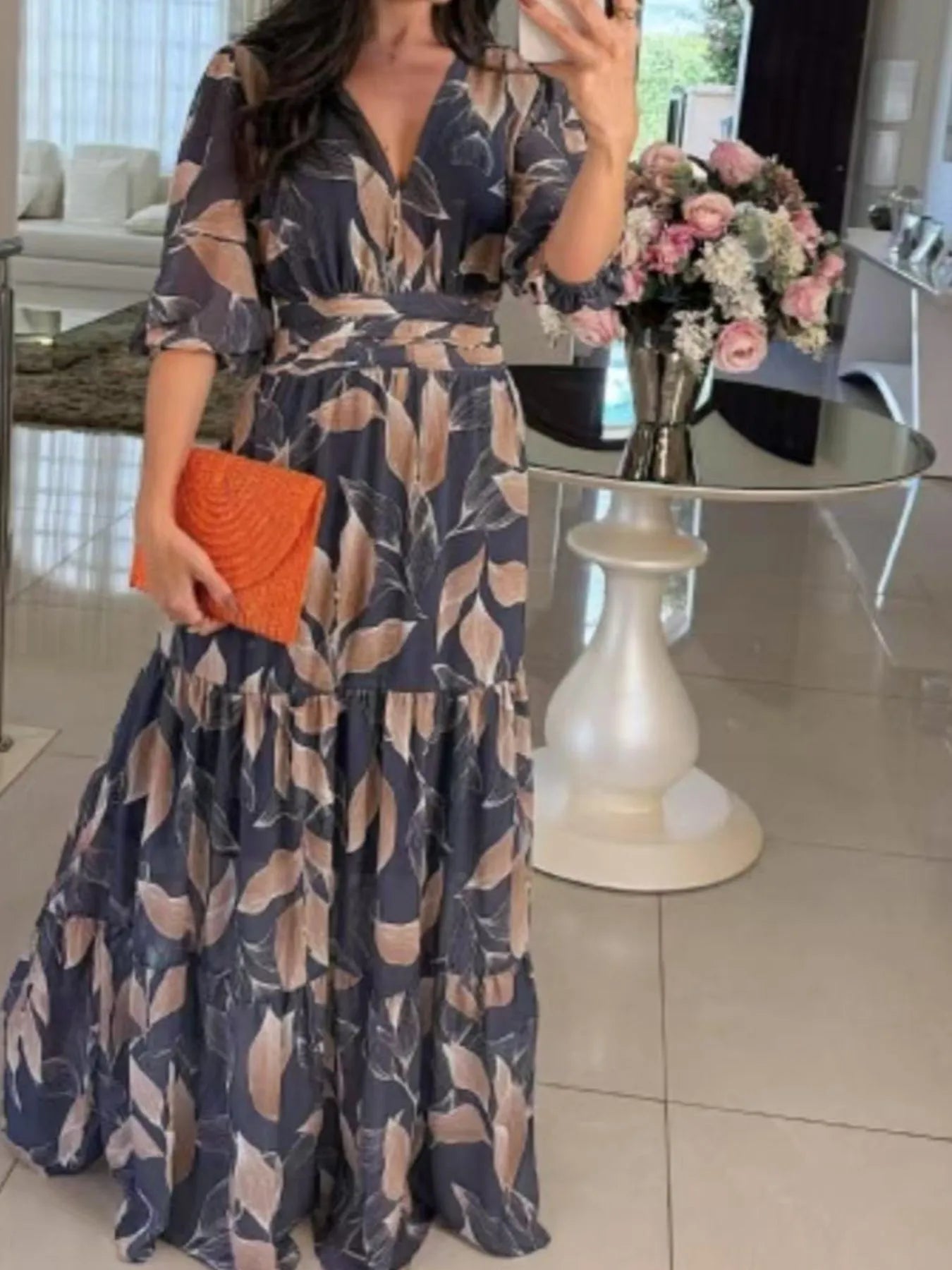 Full Size Printed V - Neck Maxi Dress with Tiered Hemline Plus Size - MAD RUFFI