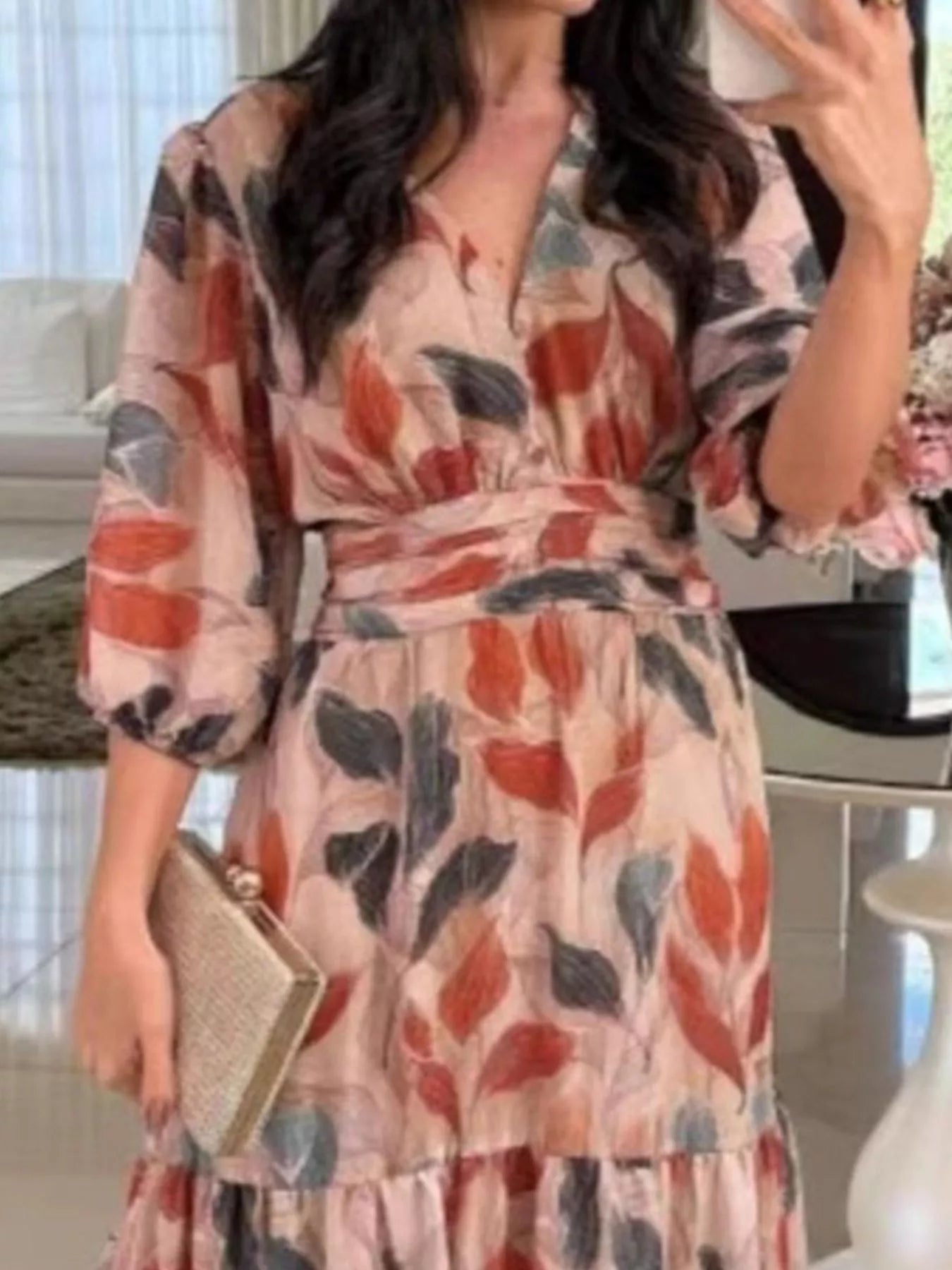 Full Size Printed V - Neck Maxi Dress with Tiered Hemline Plus Size - MAD RUFFI