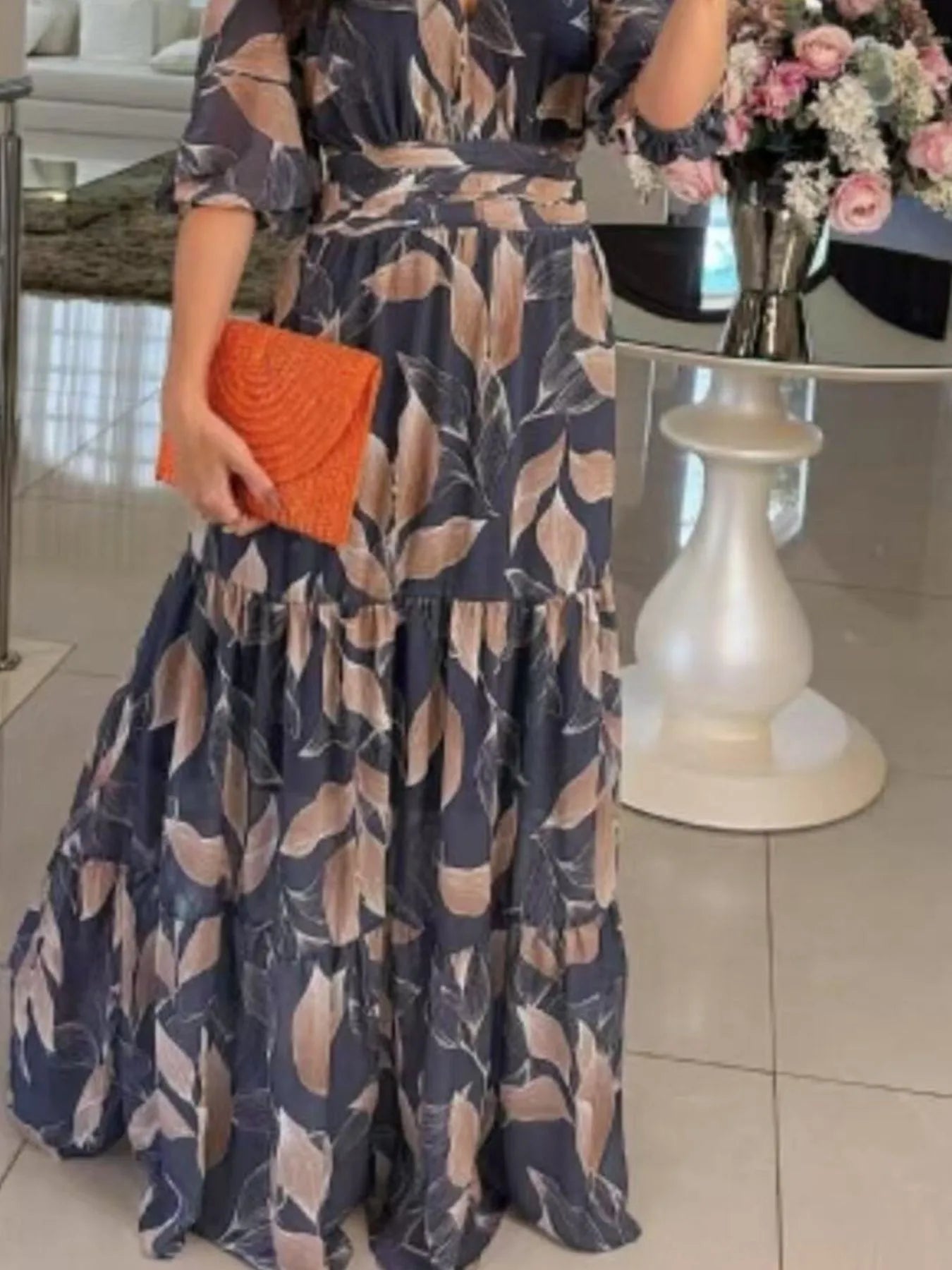 Full Size Printed V - Neck Maxi Dress with Tiered Hemline Plus Size - MAD RUFFI