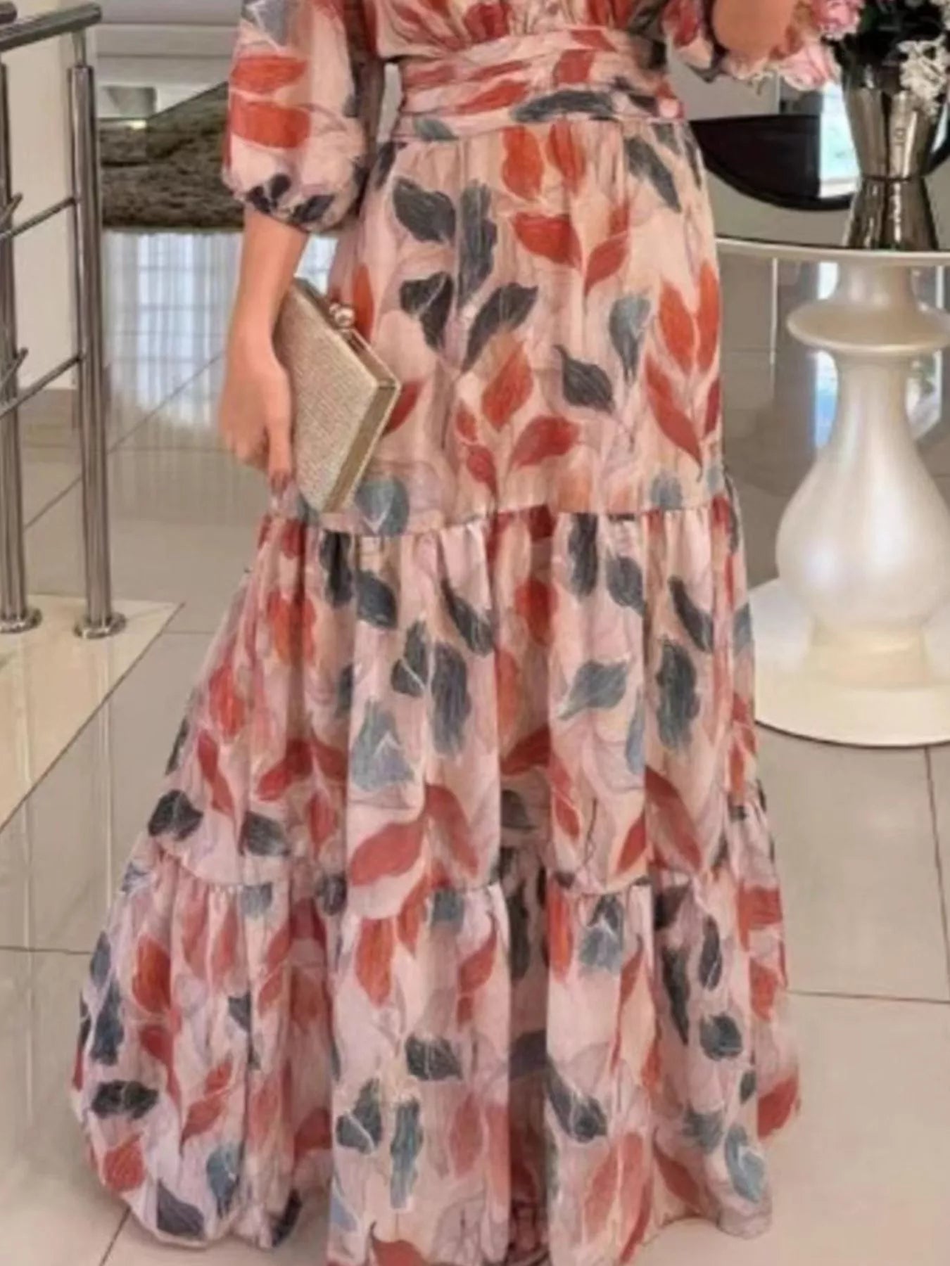 Full Size Printed V - Neck Maxi Dress with Tiered Hemline Plus Size - MAD RUFFI