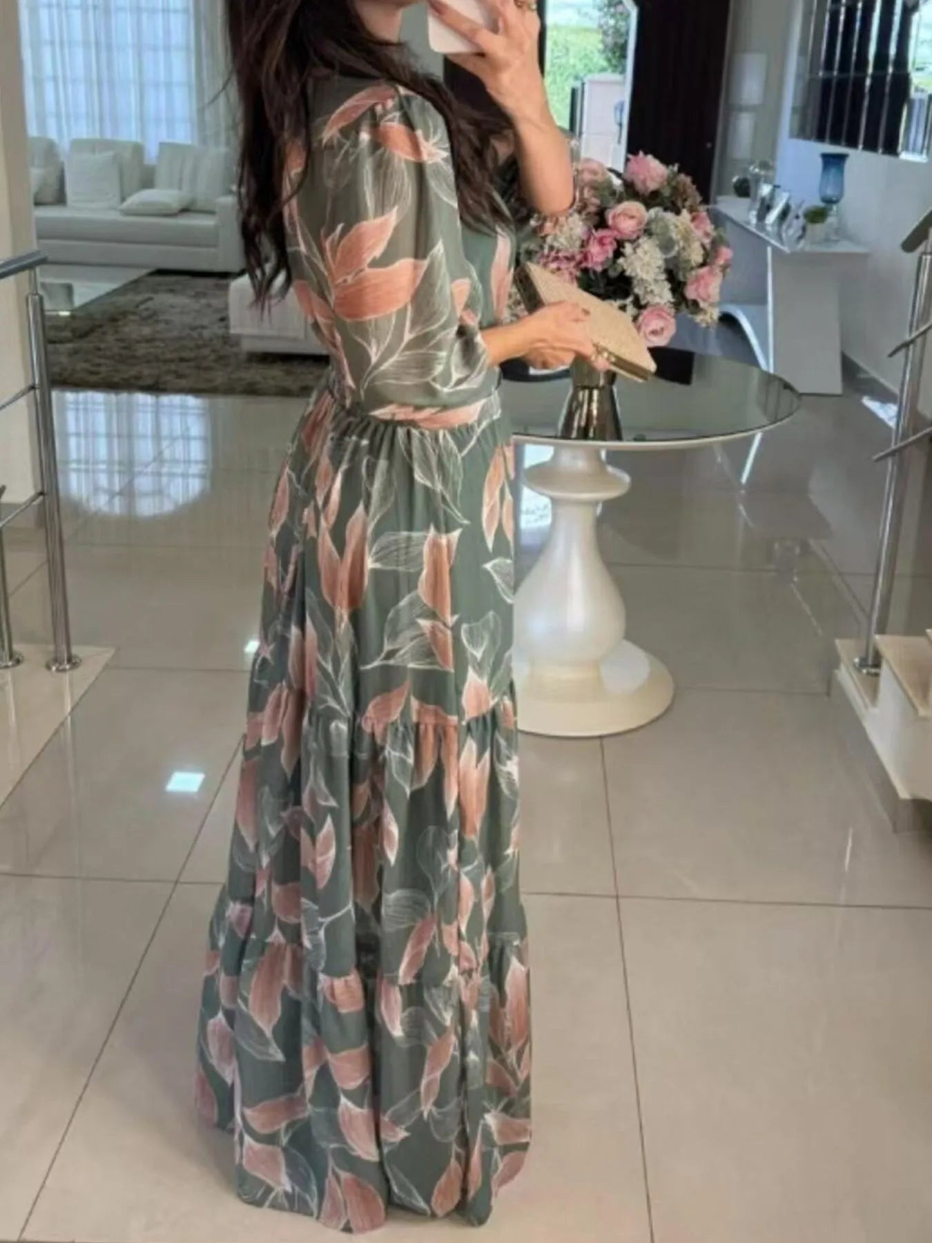 Full Size Printed V - Neck Maxi Dress with Tiered Hemline Plus Size - MAD RUFFI