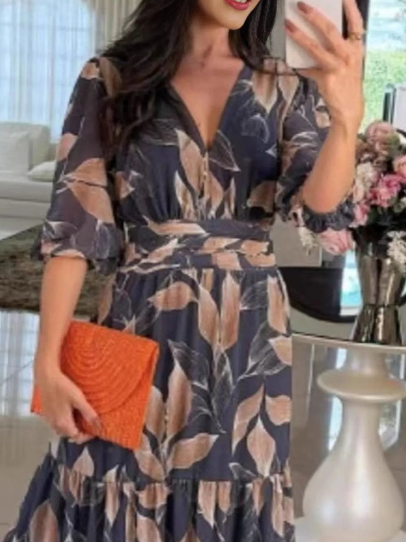 Full Size Printed V - Neck Maxi Dress with Tiered Hemline Plus Size - MAD RUFFI