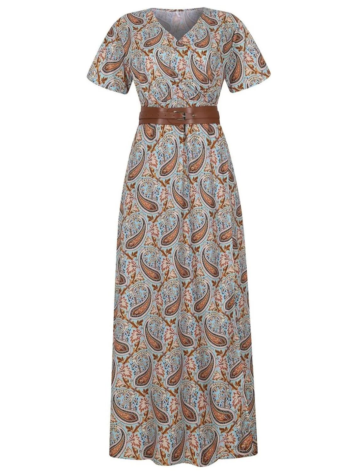 Full Size Printed V - Neck Short Sleeve Maxi Dress Plus Size - MAD RUFFI