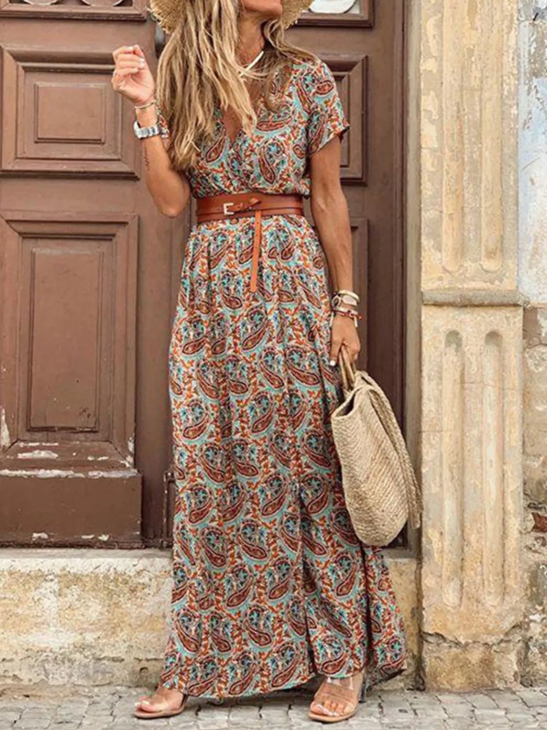 Full Size Printed V - Neck Short Sleeve Maxi Dress Plus Size - MAD RUFFI