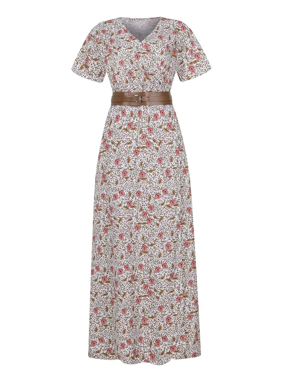 Full Size Printed V - Neck Short Sleeve Maxi Dress Plus Size - MAD RUFFI