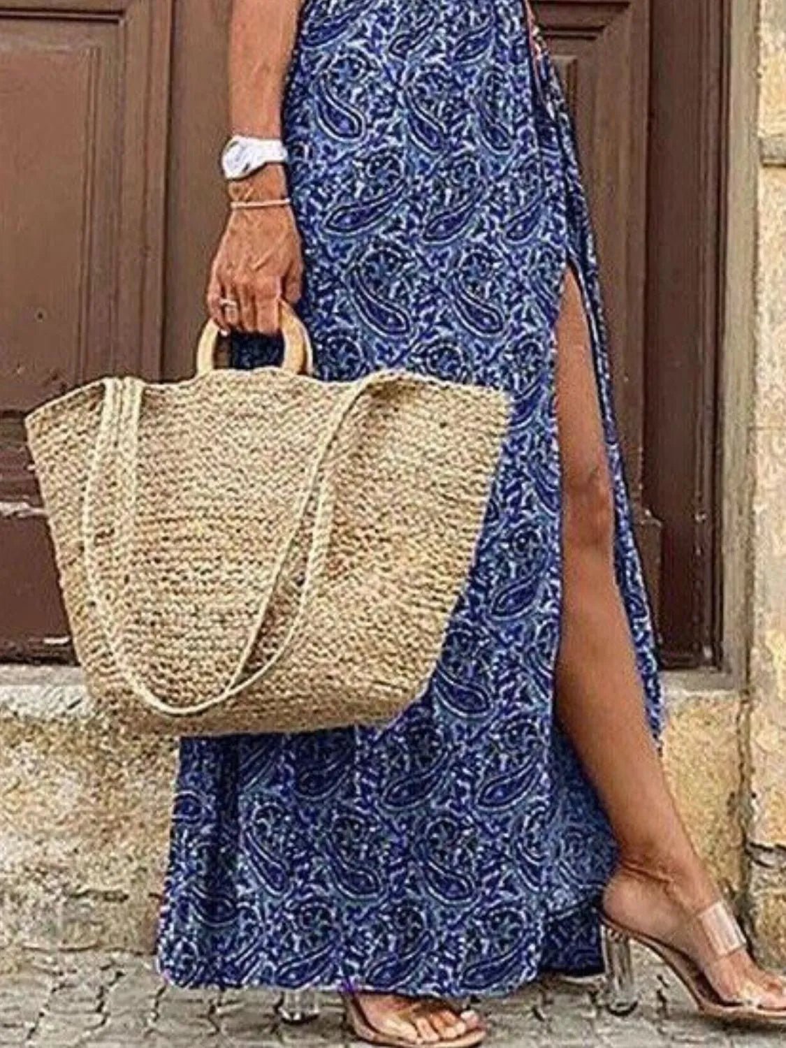 Full Size Printed V - Neck Short Sleeve Maxi Dress Plus Size - MAD RUFFI