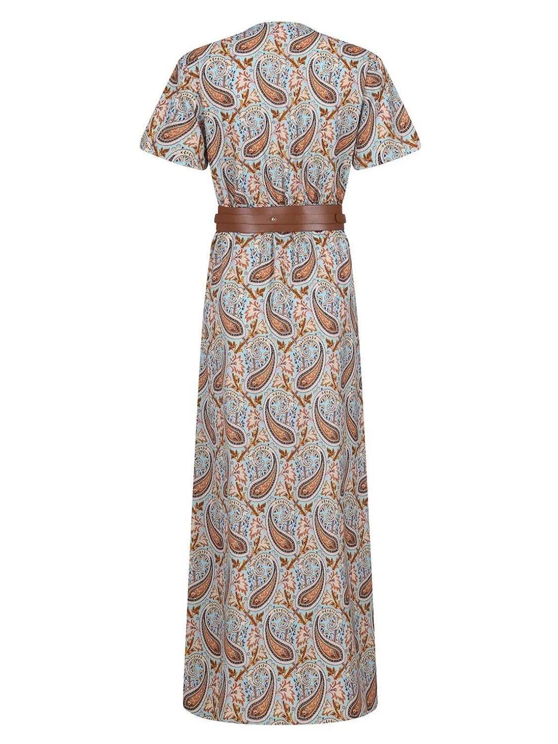 Full Size Printed V - Neck Short Sleeve Maxi Dress Plus Size - MAD RUFFI