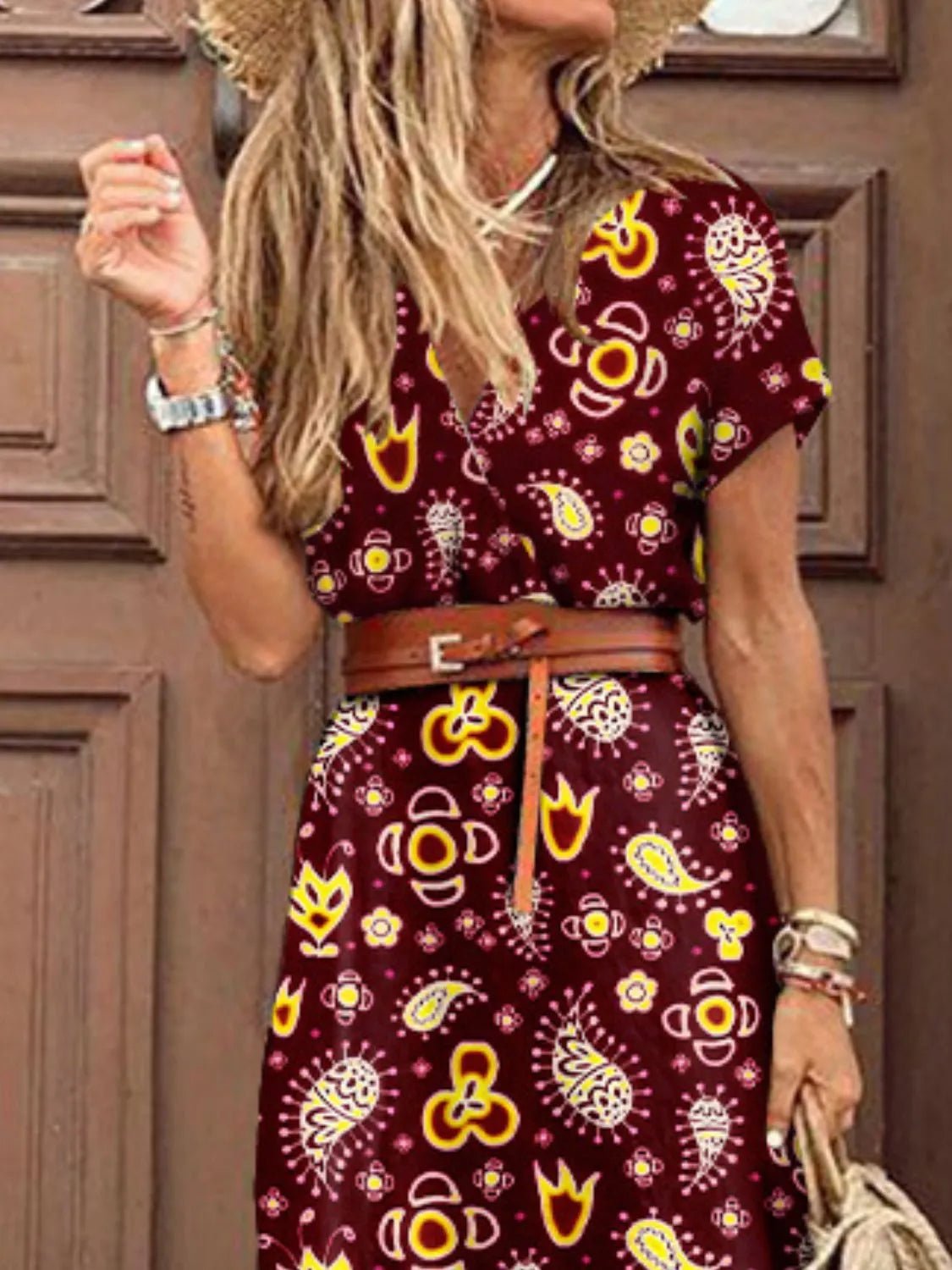 Full Size Printed V - Neck Short Sleeve Maxi Dress Plus Size - MAD RUFFI