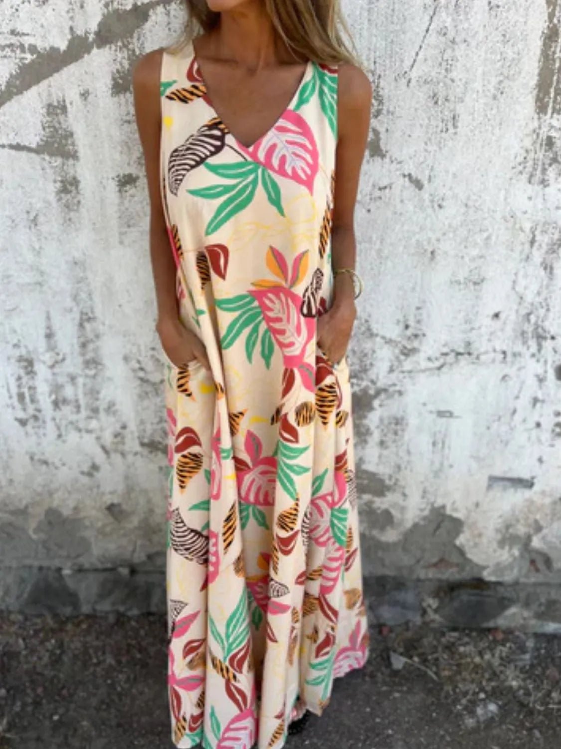 Full Size Printed V - Neck Sleeveless Dress Plus Size - MAD RUFFI