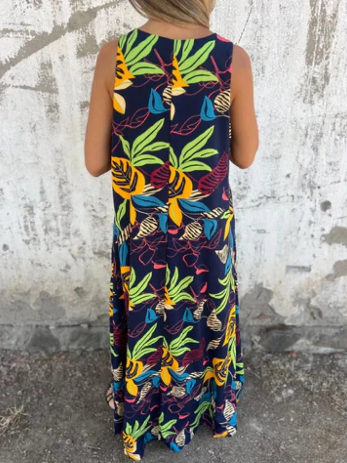 Full Size Printed V - Neck Sleeveless Dress Plus Size - MAD RUFFI