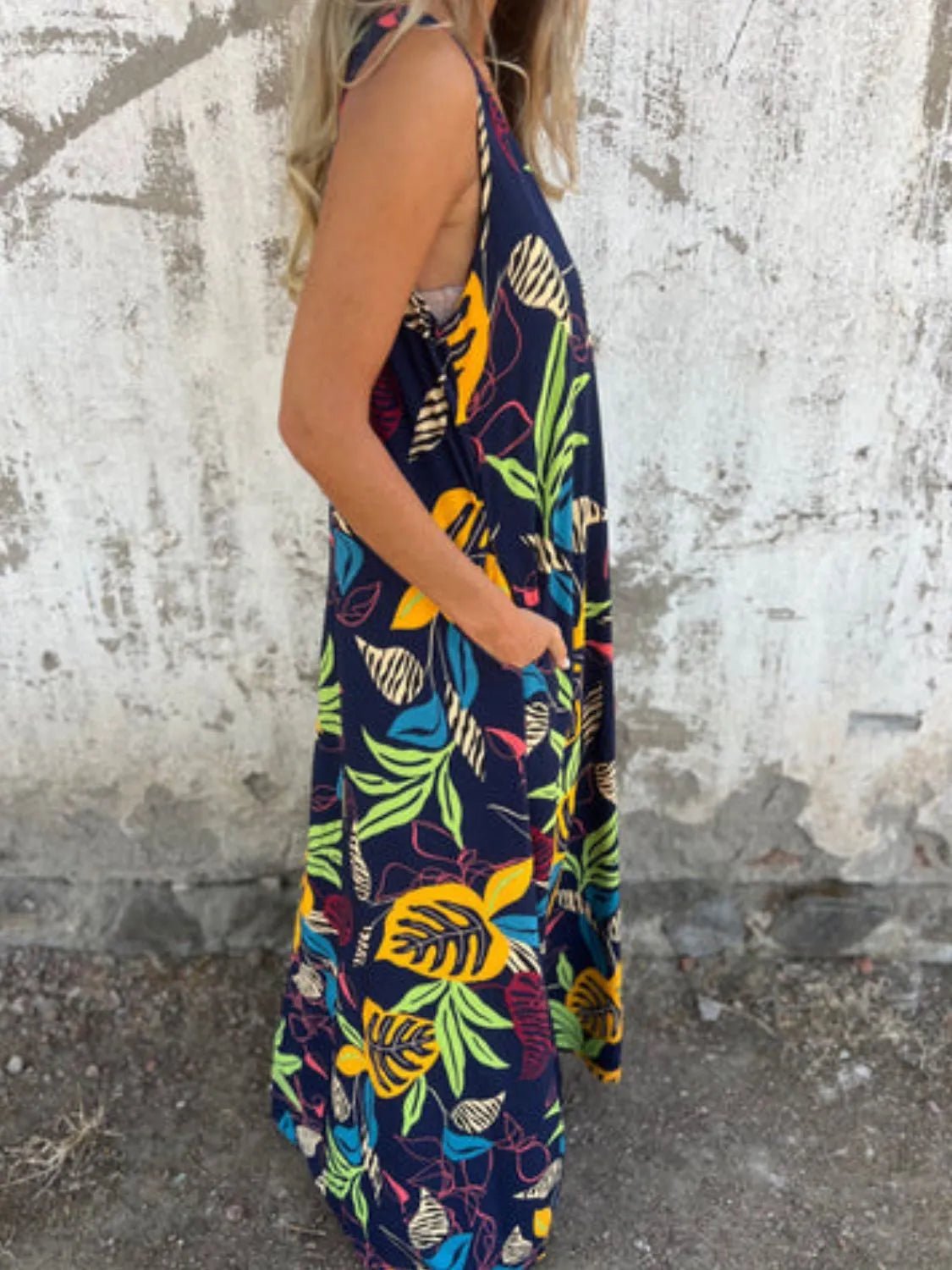 Full Size Printed V - Neck Sleeveless Dress Plus Size - MAD RUFFI