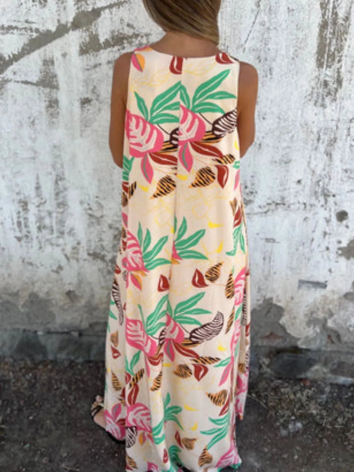 Full Size Printed V - Neck Sleeveless Dress Plus Size - MAD RUFFI