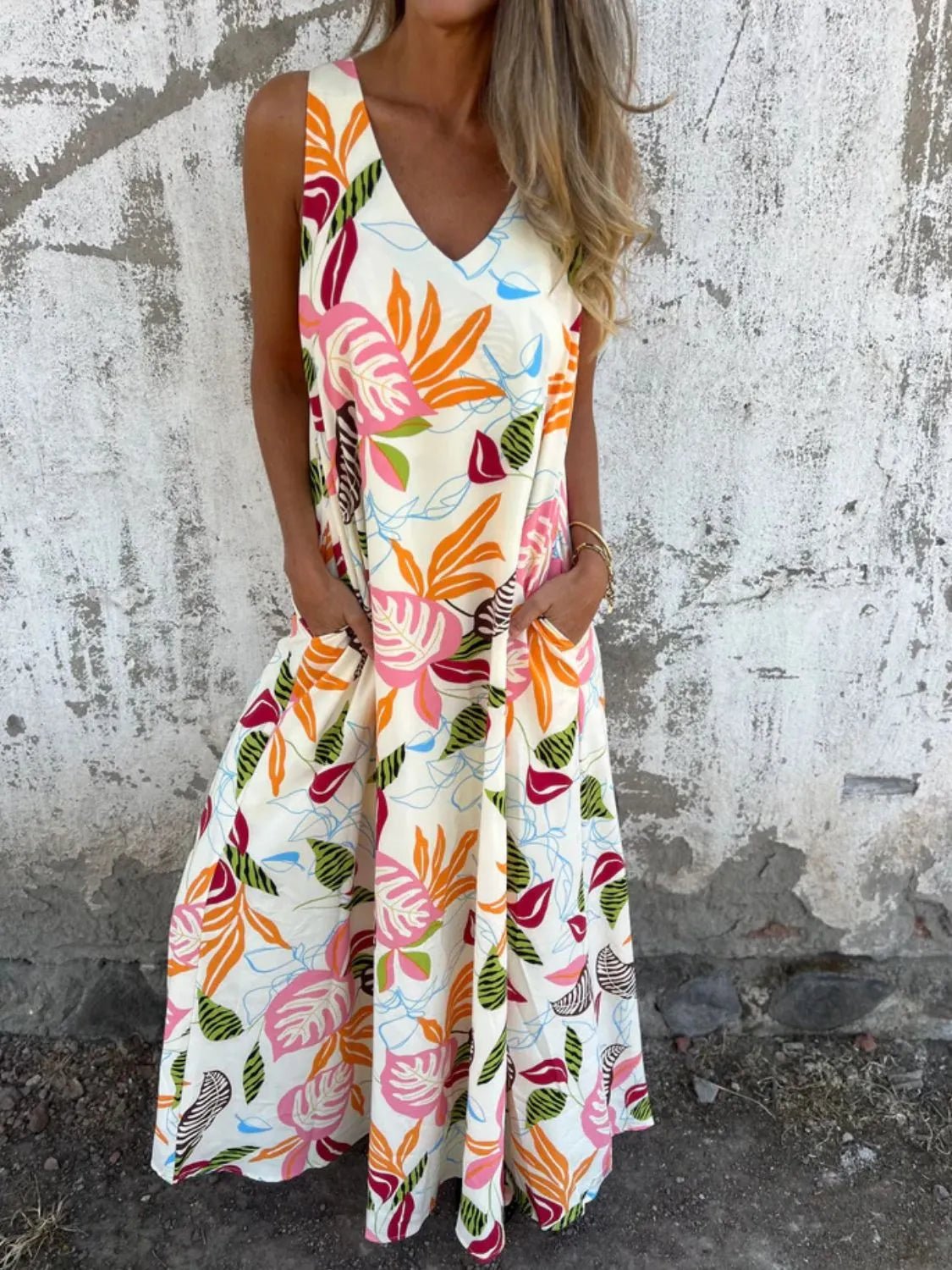 Full Size Printed V - Neck Sleeveless Dress Plus Size - MAD RUFFI