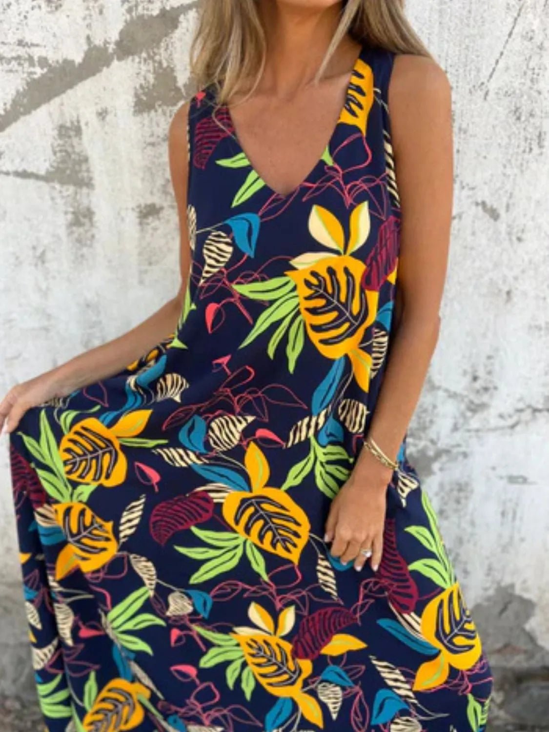 Full Size Printed V - Neck Sleeveless Dress Plus Size - MAD RUFFI