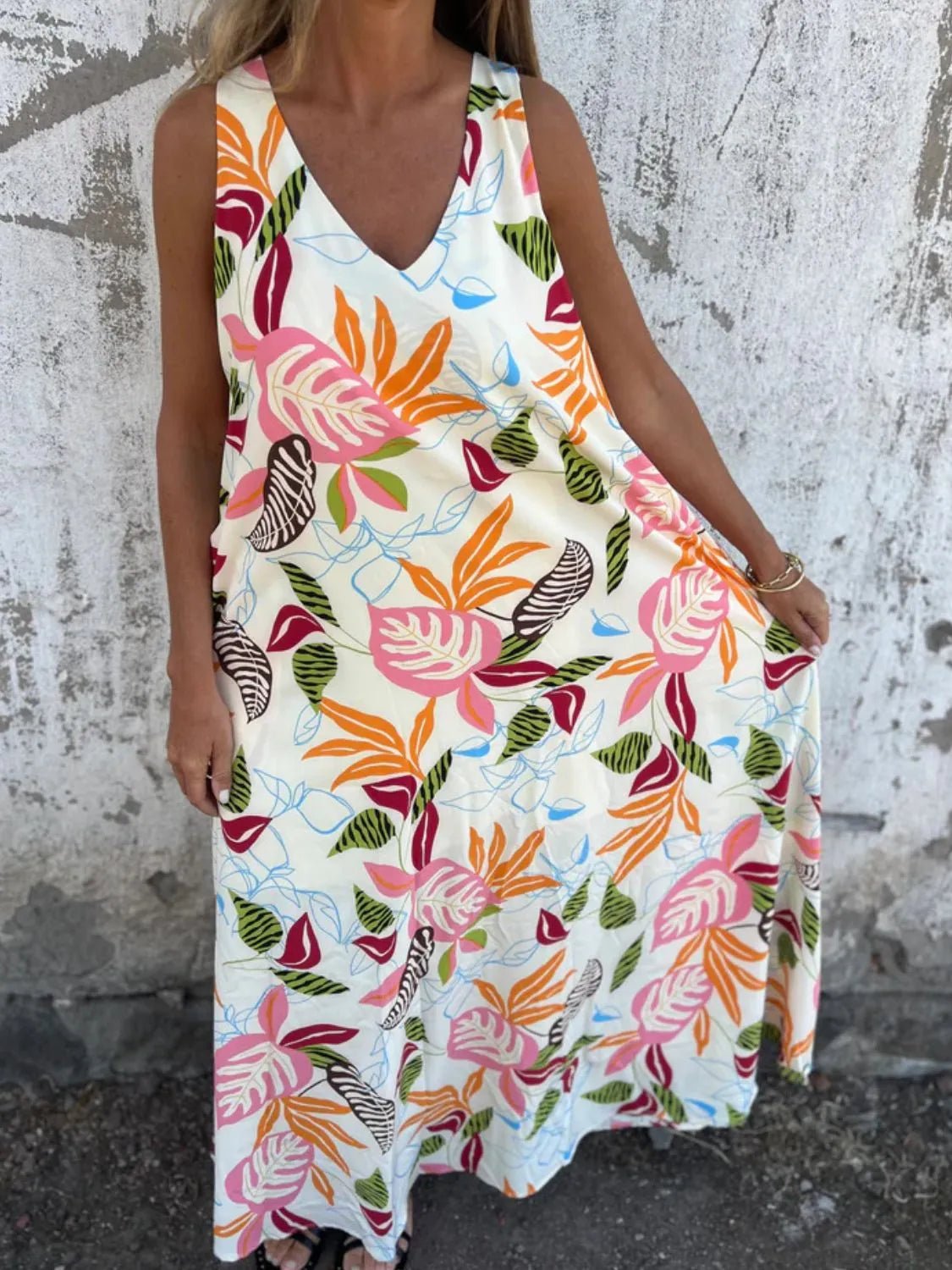 Full Size Printed V - Neck Sleeveless Dress Plus Size - MAD RUFFI