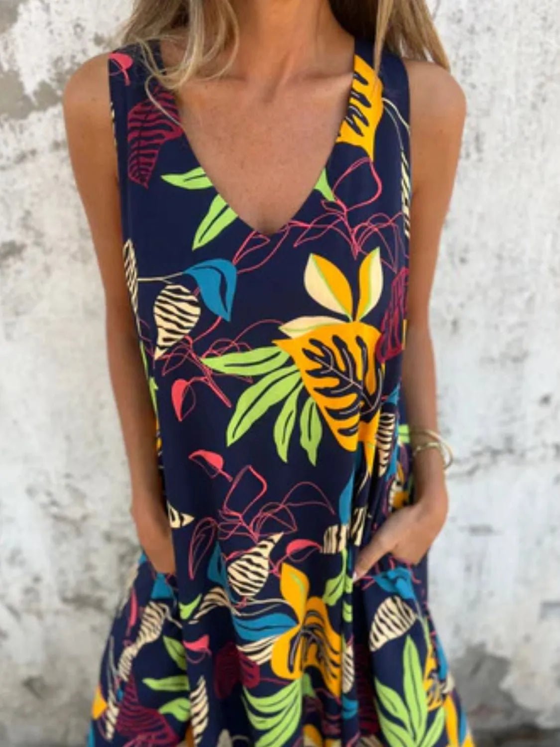 Full Size Printed V - Neck Sleeveless Dress Plus Size - MAD RUFFI