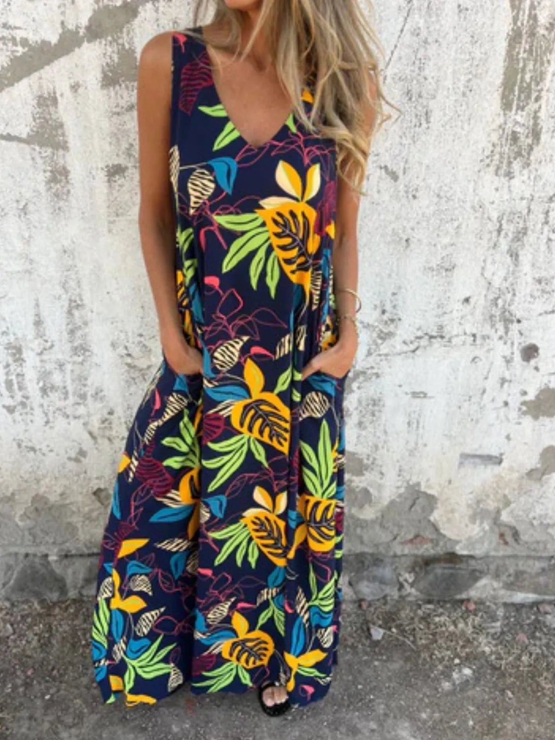 Full Size Printed V - Neck Sleeveless Dress Plus Size - MAD RUFFI