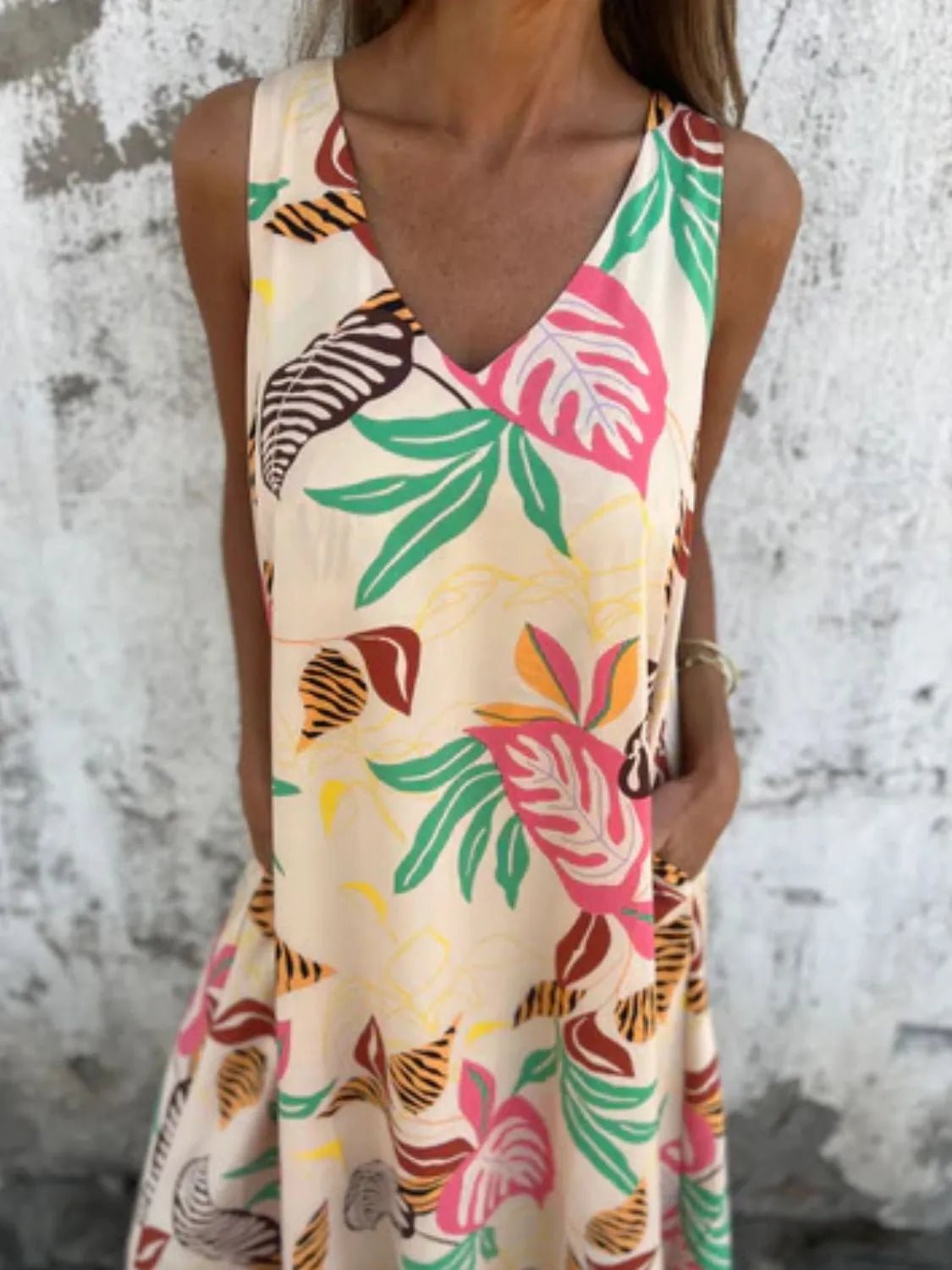 Full Size Printed V - Neck Sleeveless Dress Plus Size - MAD RUFFI