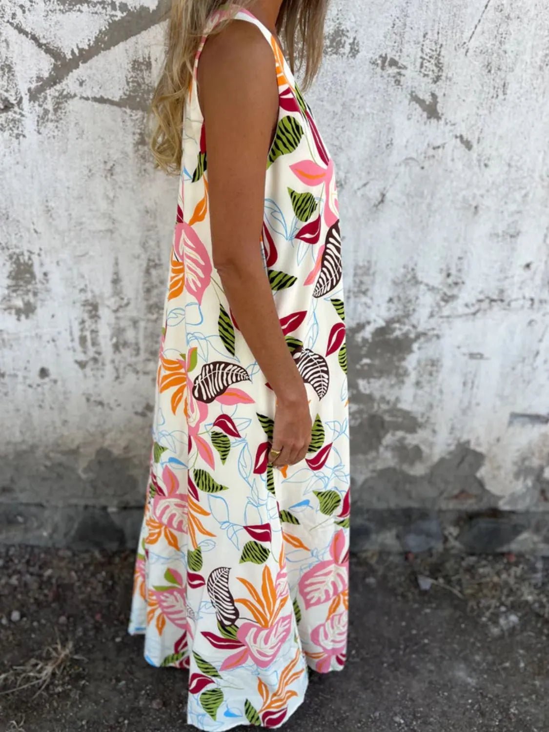 Full Size Printed V - Neck Sleeveless Dress Plus Size - MAD RUFFI