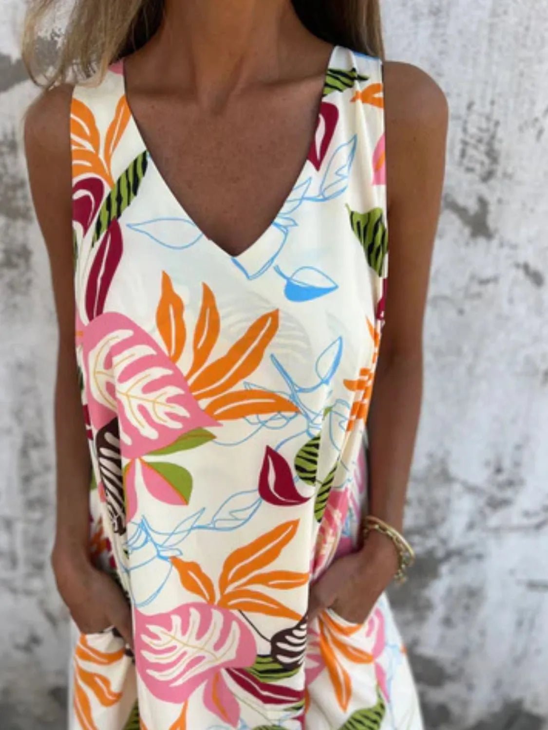 Full Size Printed V - Neck Sleeveless Dress Plus Size - MAD RUFFI