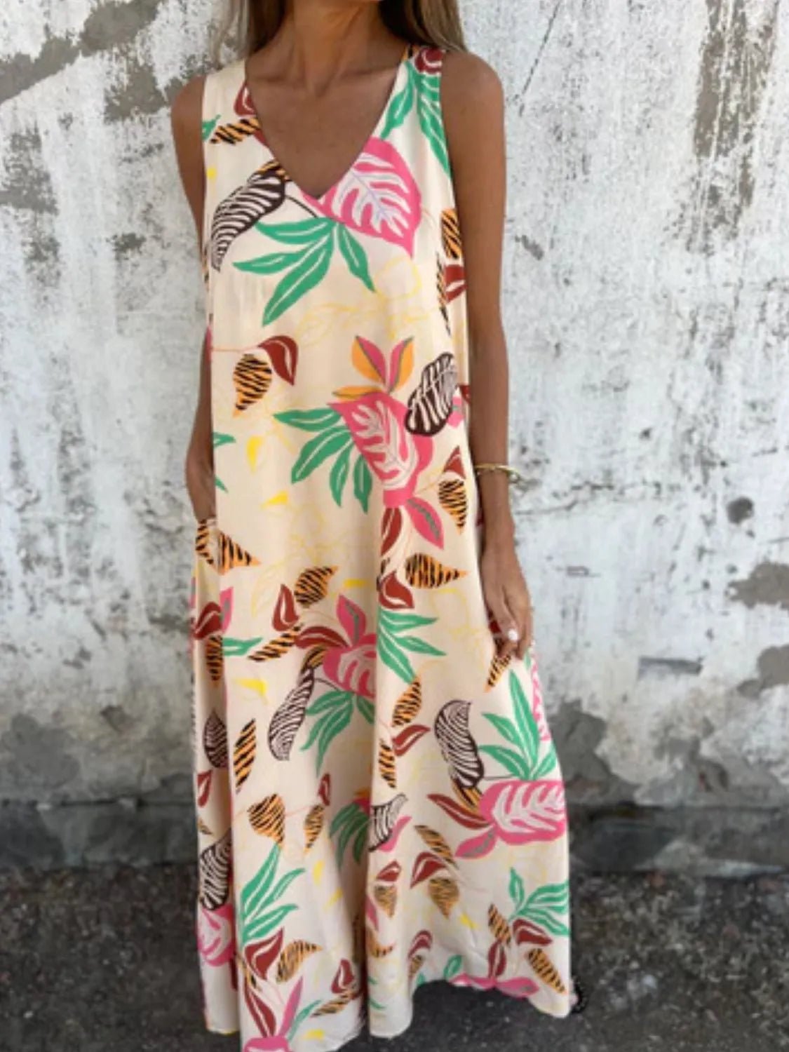 Full Size Printed V - Neck Sleeveless Dress Plus Size - MAD RUFFI