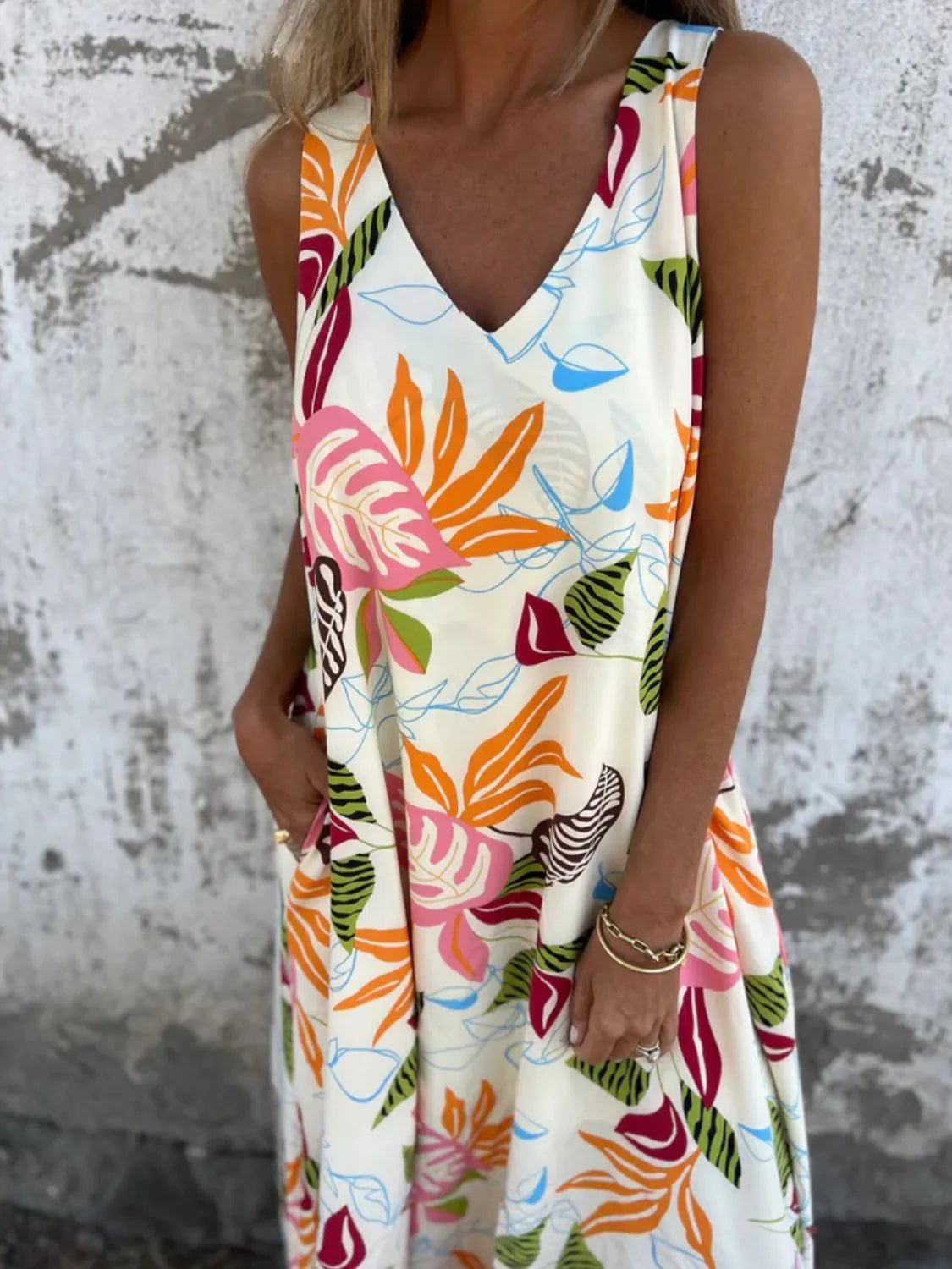 Full Size Printed V - Neck Sleeveless Dress Plus Size - MAD RUFFI