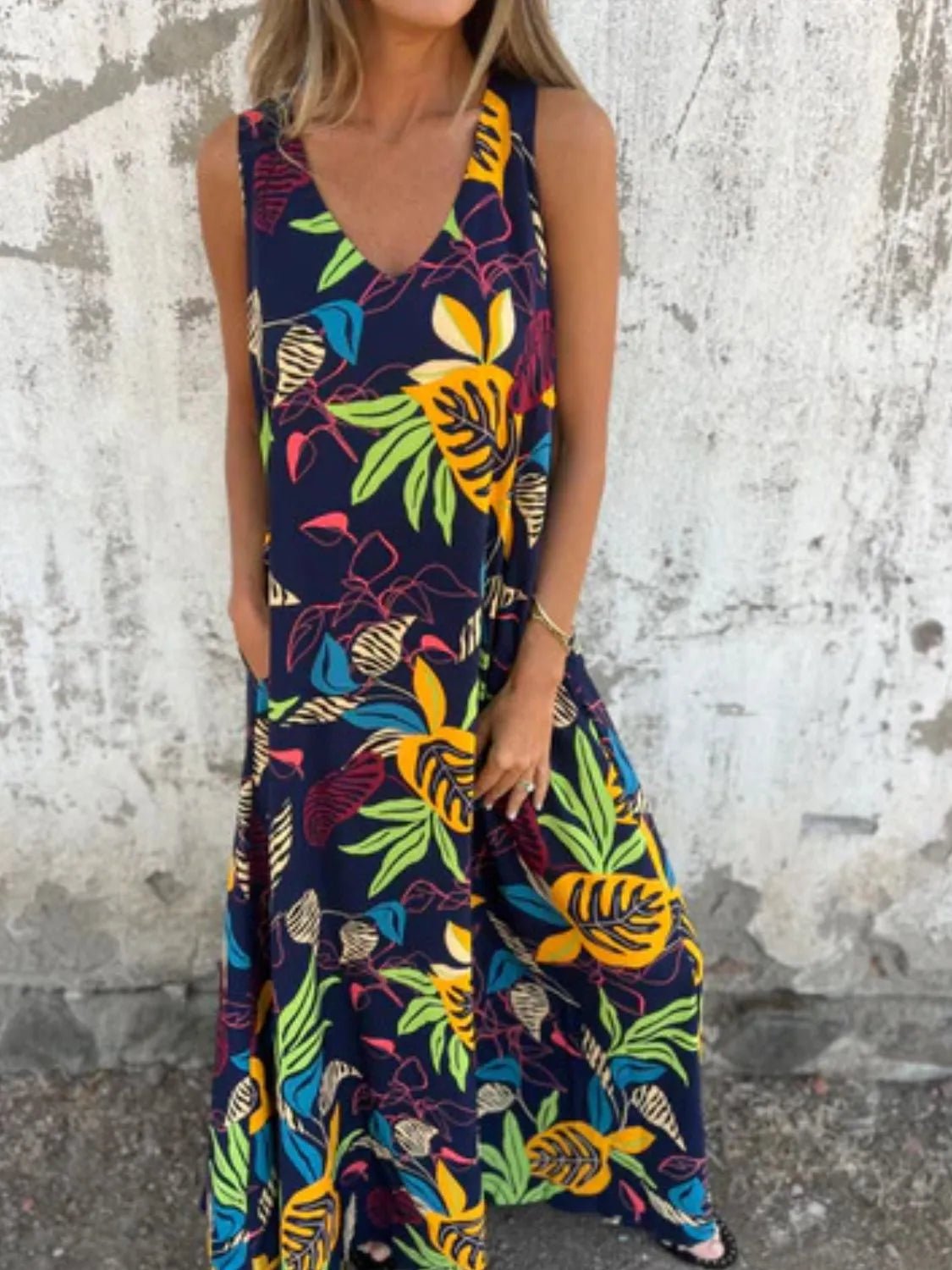 Full Size Printed V - Neck Sleeveless Dress Plus Size - MAD RUFFI