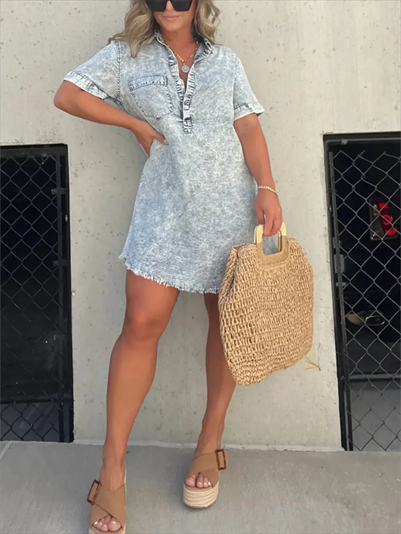 Full Size Raw Hem Short Sleeve Denim Dress Plus Size - MAD RUFFI