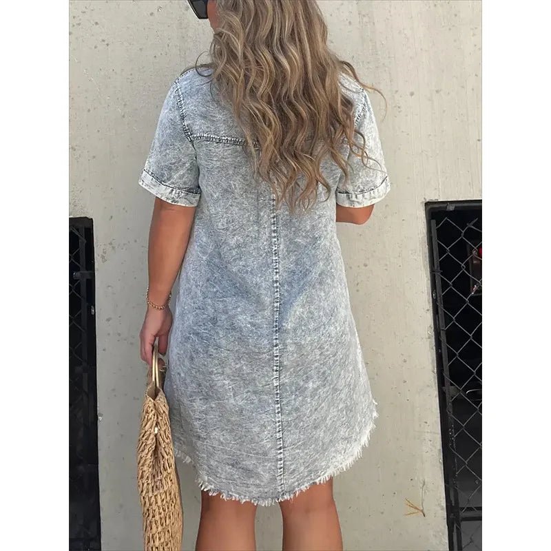Full Size Raw Hem Short Sleeve Denim Dress Plus Size - MAD RUFFI