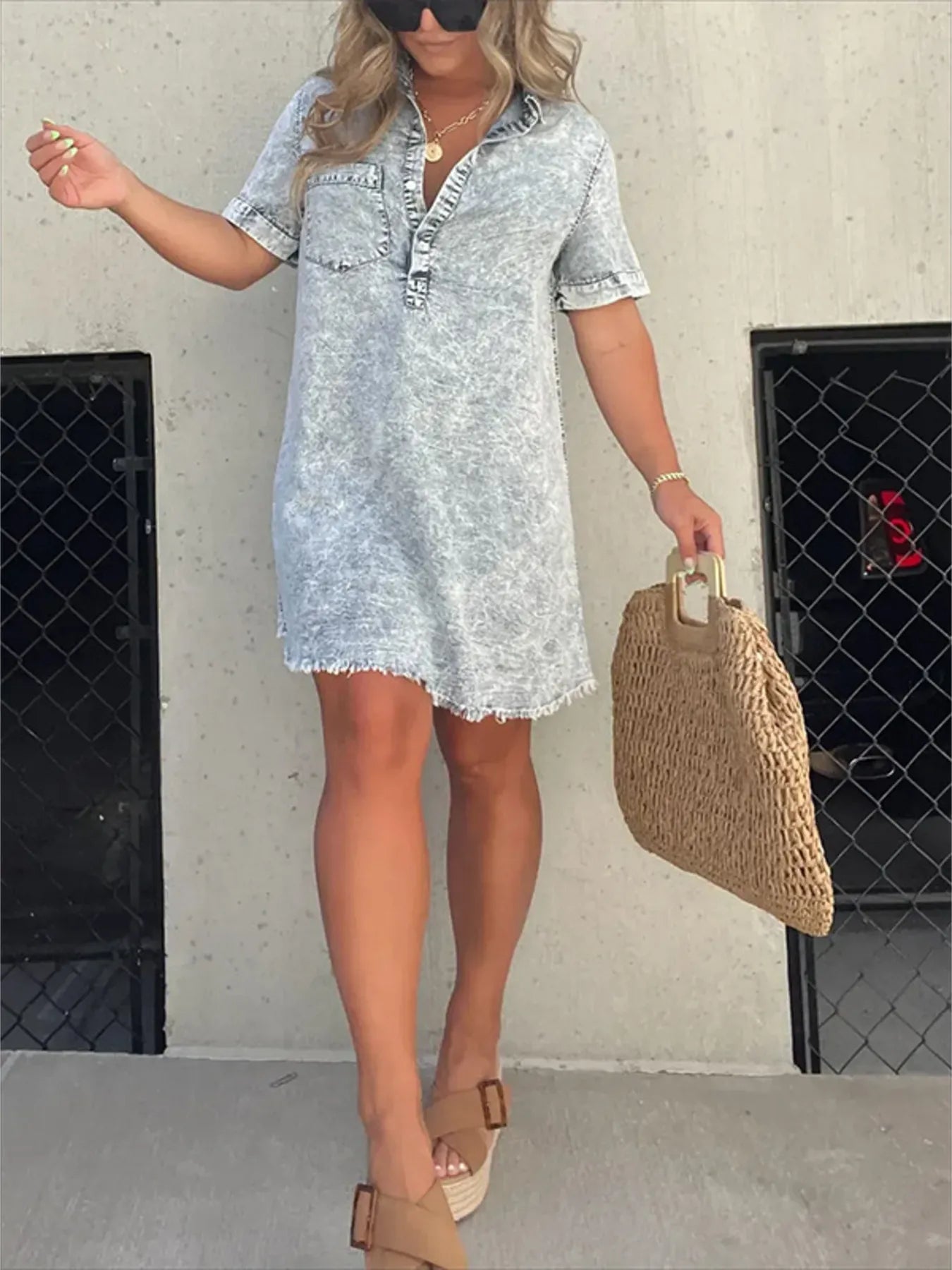 Full Size Raw Hem Short Sleeve Denim Dress Plus Size - MAD RUFFI