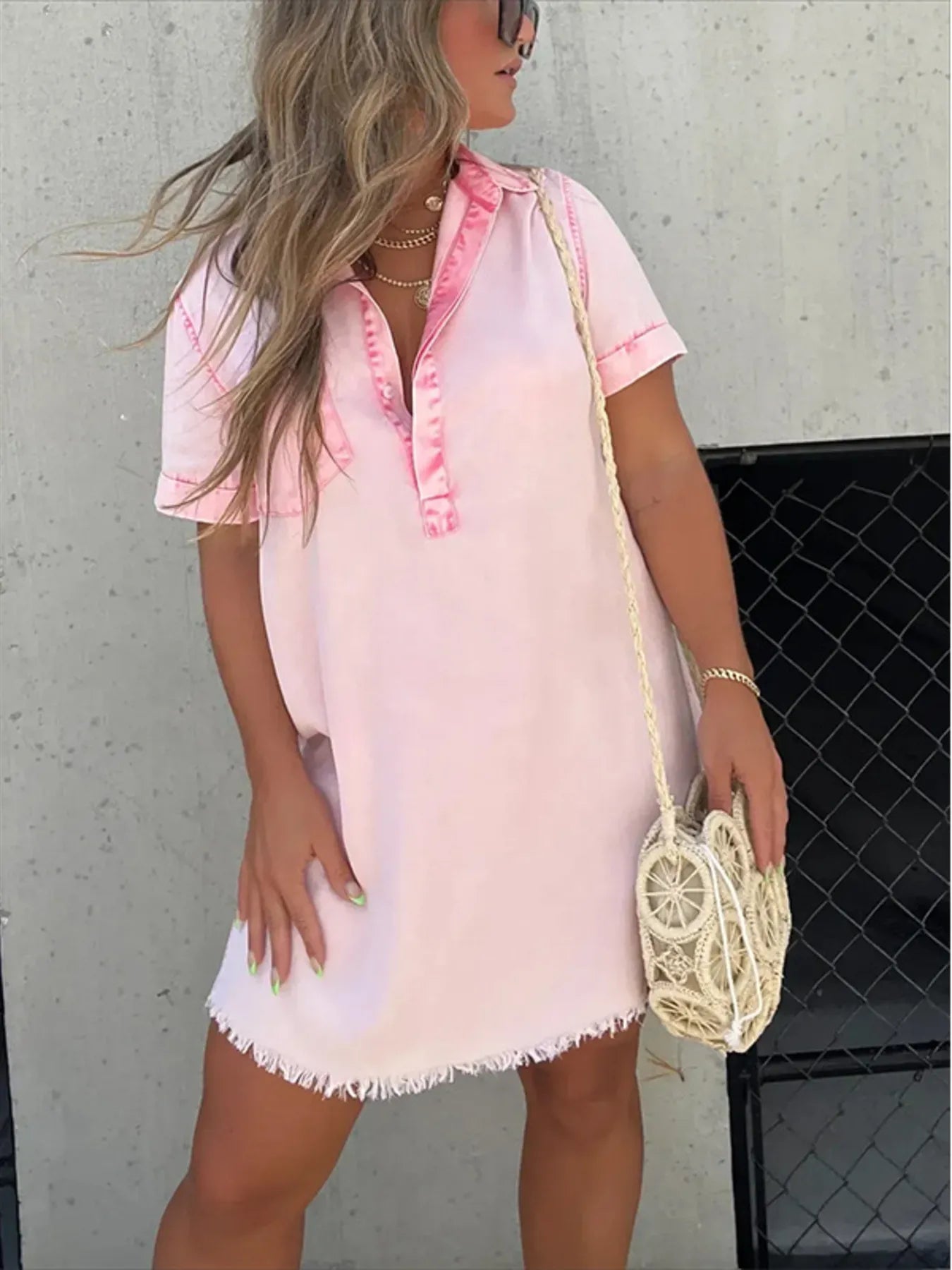 Full Size Raw Hem Short Sleeve Denim Dress Plus Size - MAD RUFFI