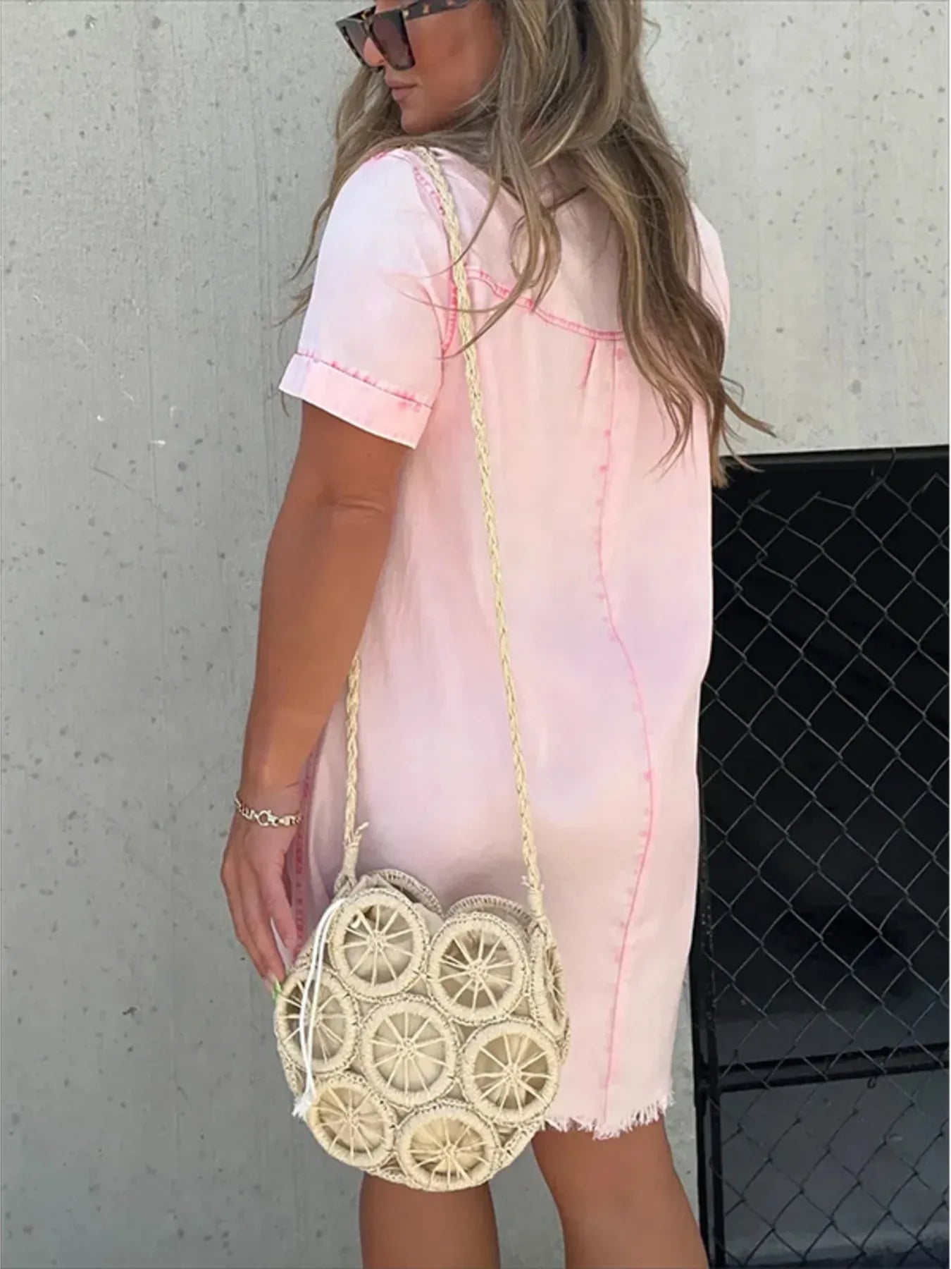 Full Size Raw Hem Short Sleeve Denim Dress Plus Size - MAD RUFFI