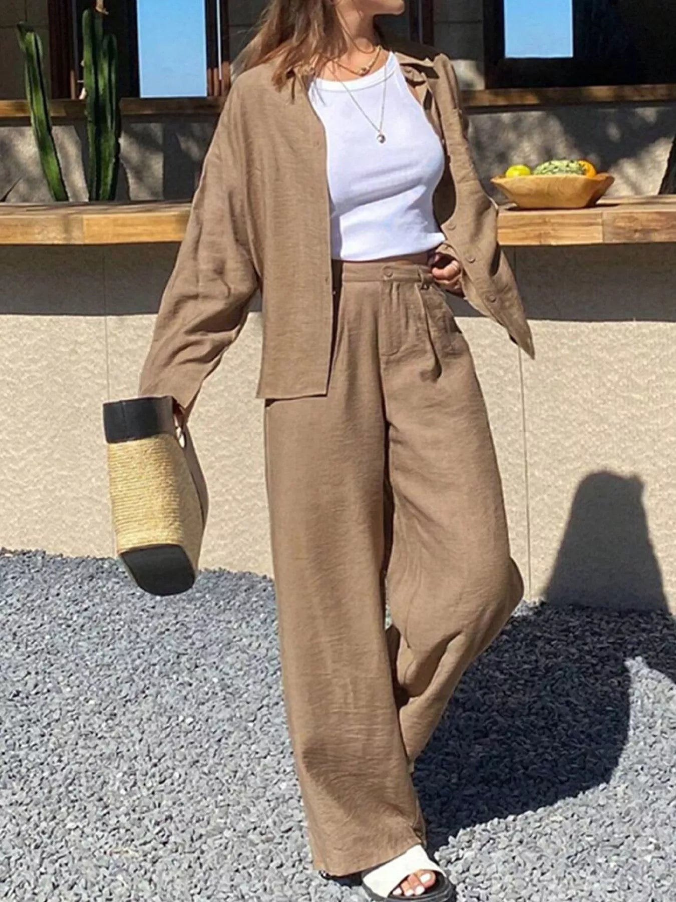 Full Size Relaxed Fit Button Up Shirt and Pants Two - Piece Set Plus Size - MAD RUFFI