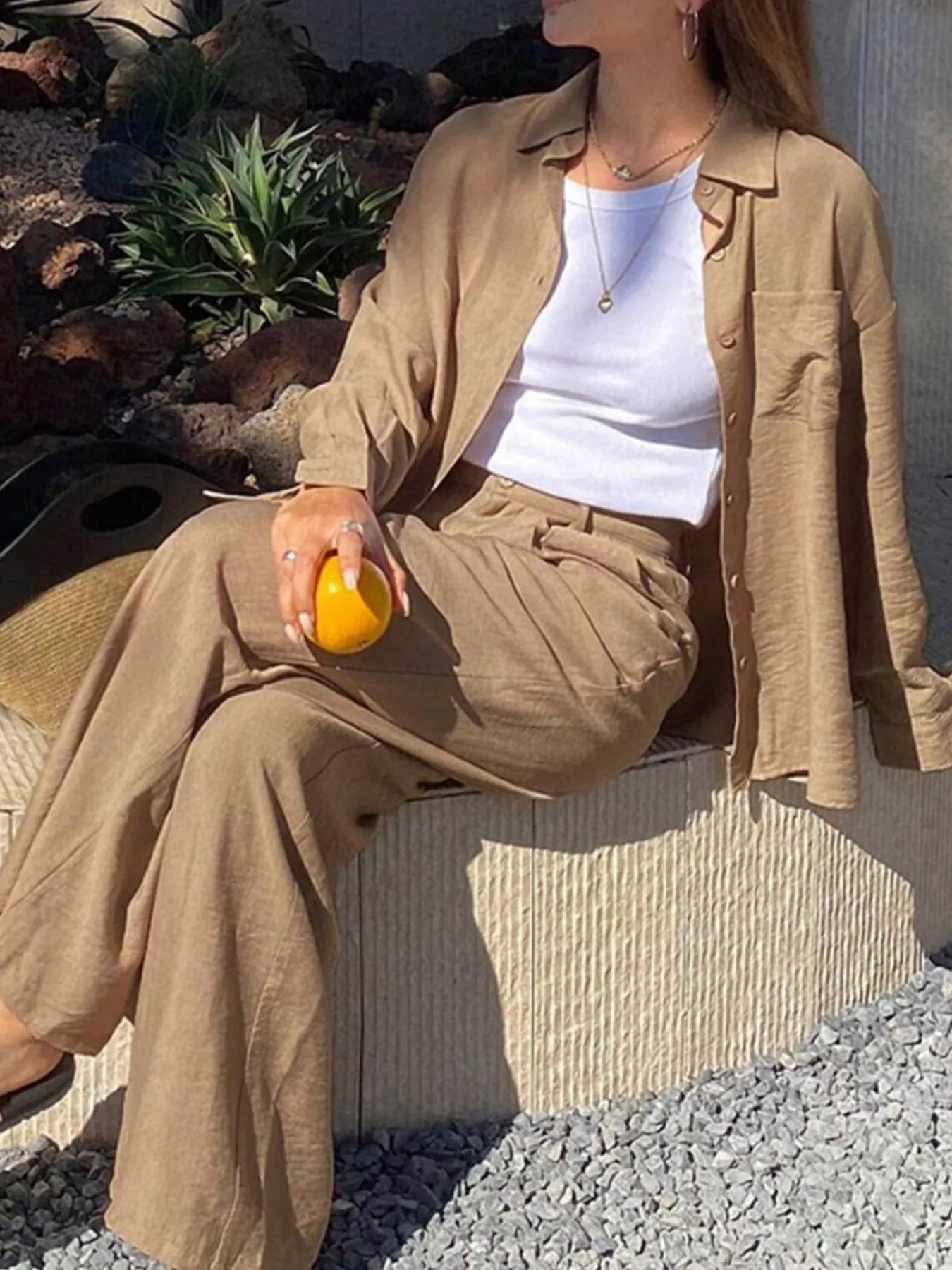 Full Size Relaxed Fit Button Up Shirt and Pants Two - Piece Set Plus Size - MAD RUFFI