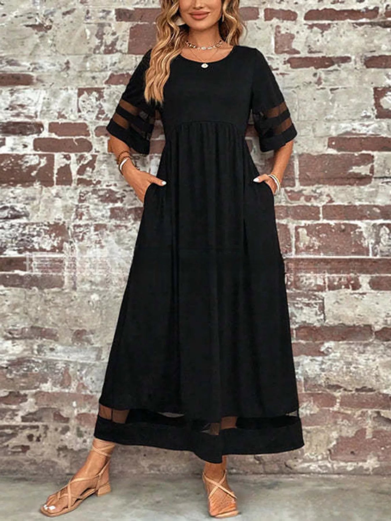 Full Size Round Neck Half Sleeve Dress Plus Size - MAD RUFFI