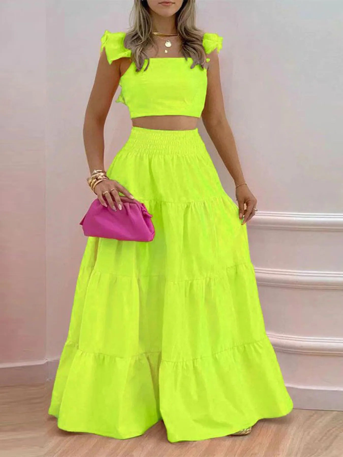 Full Size Ruffled Cami and Tiered Maxi Skirt Set Plus Size - MAD RUFFI