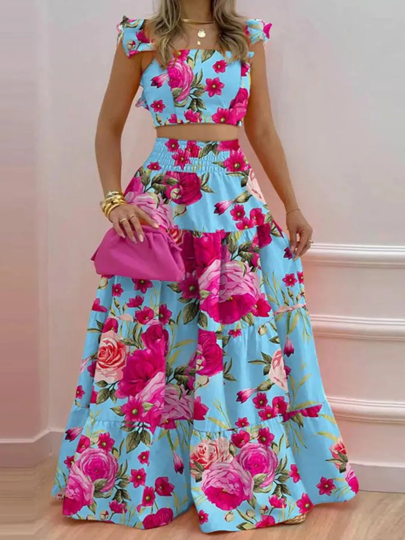 Full Size Ruffled Cami and Tiered Maxi Skirt Set Plus Size - MAD RUFFI