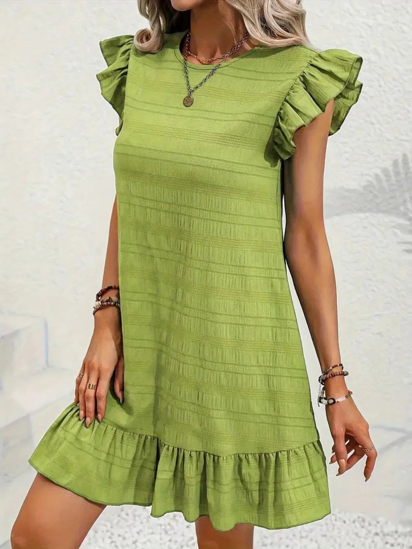 Full Size Ruffled Flutter Sleeve Textured Mini Dress Plus Size - MAD RUFFI