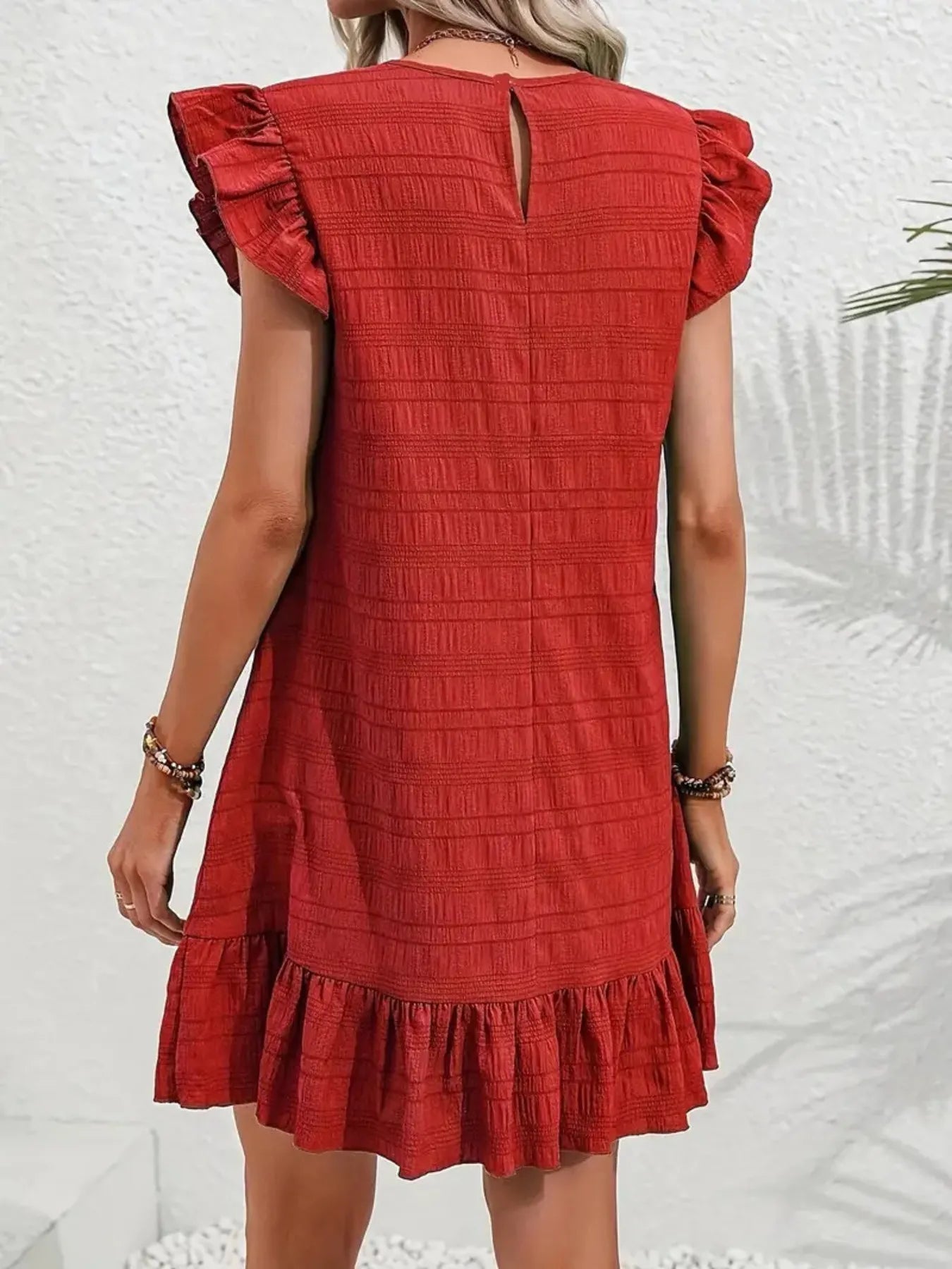 Full Size Ruffled Flutter Sleeve Textured Mini Dress Plus Size - MAD RUFFI