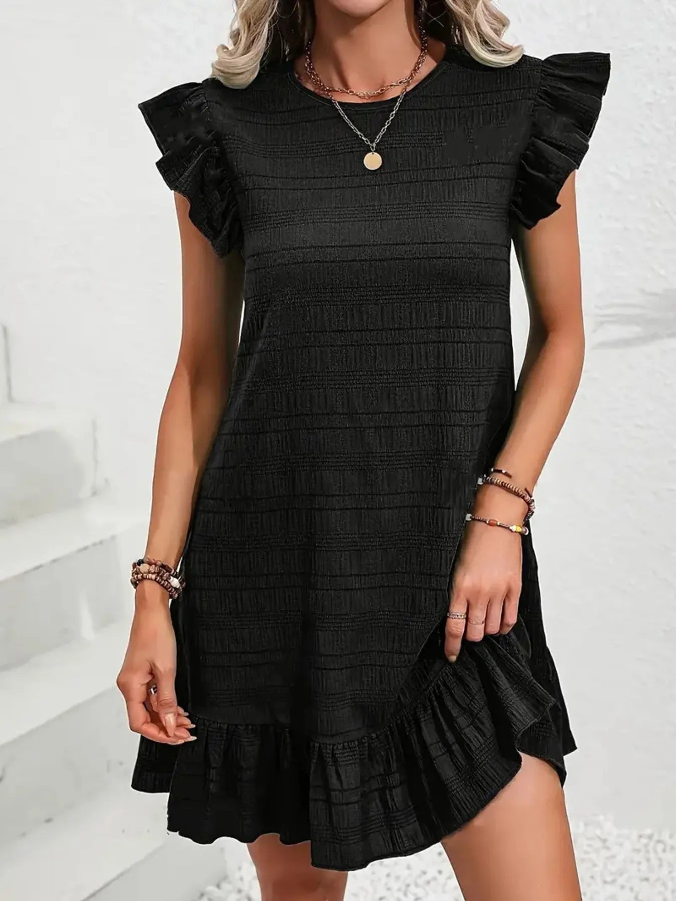 Full Size Ruffled Flutter Sleeve Textured Mini Dress Plus Size - MAD RUFFI