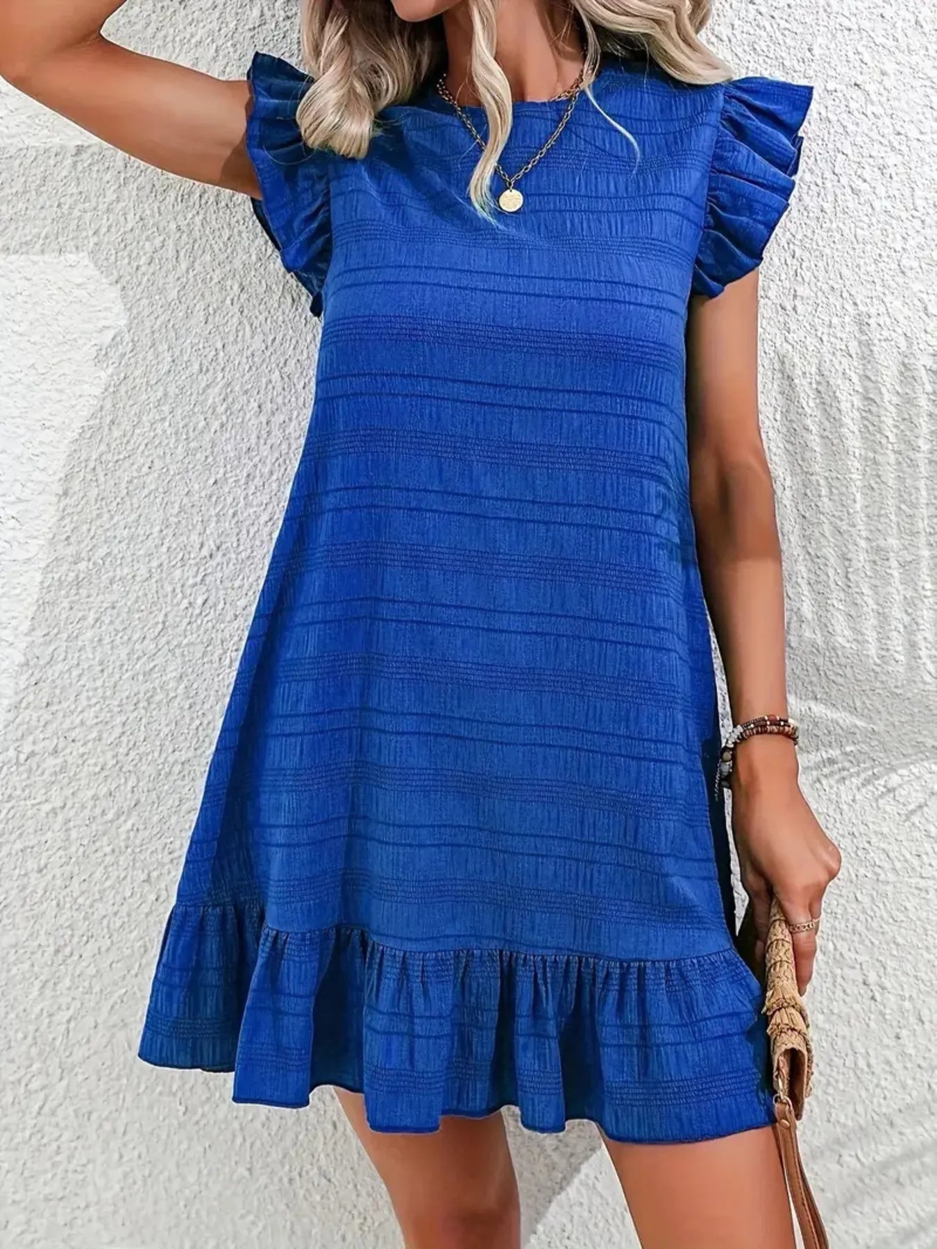 Full Size Ruffled Flutter Sleeve Textured Mini Dress Plus Size - MAD RUFFI