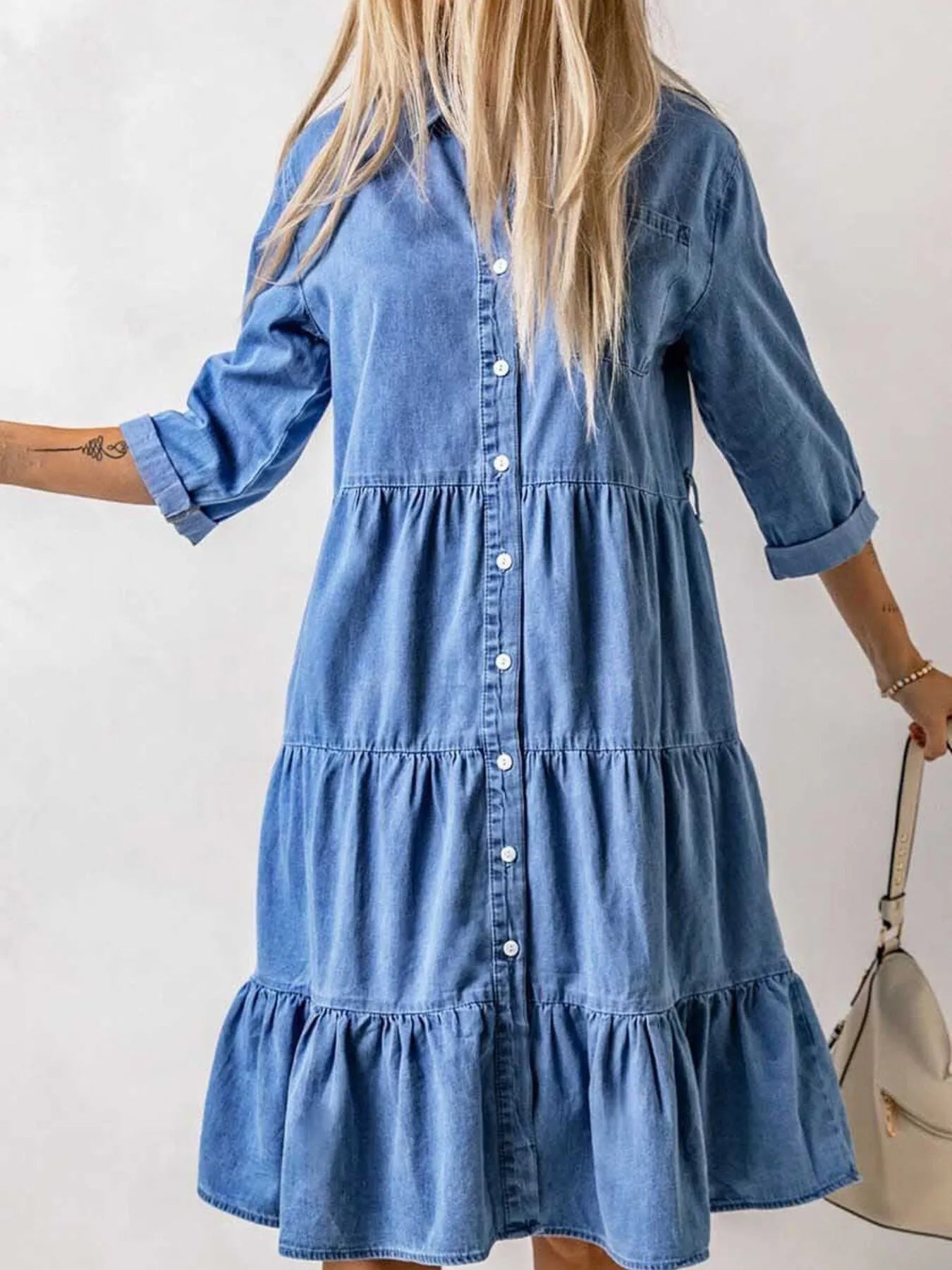 Full Size Ruffled Hem Button Up Denim Midi Dress Plus Size - MAD RUFFI