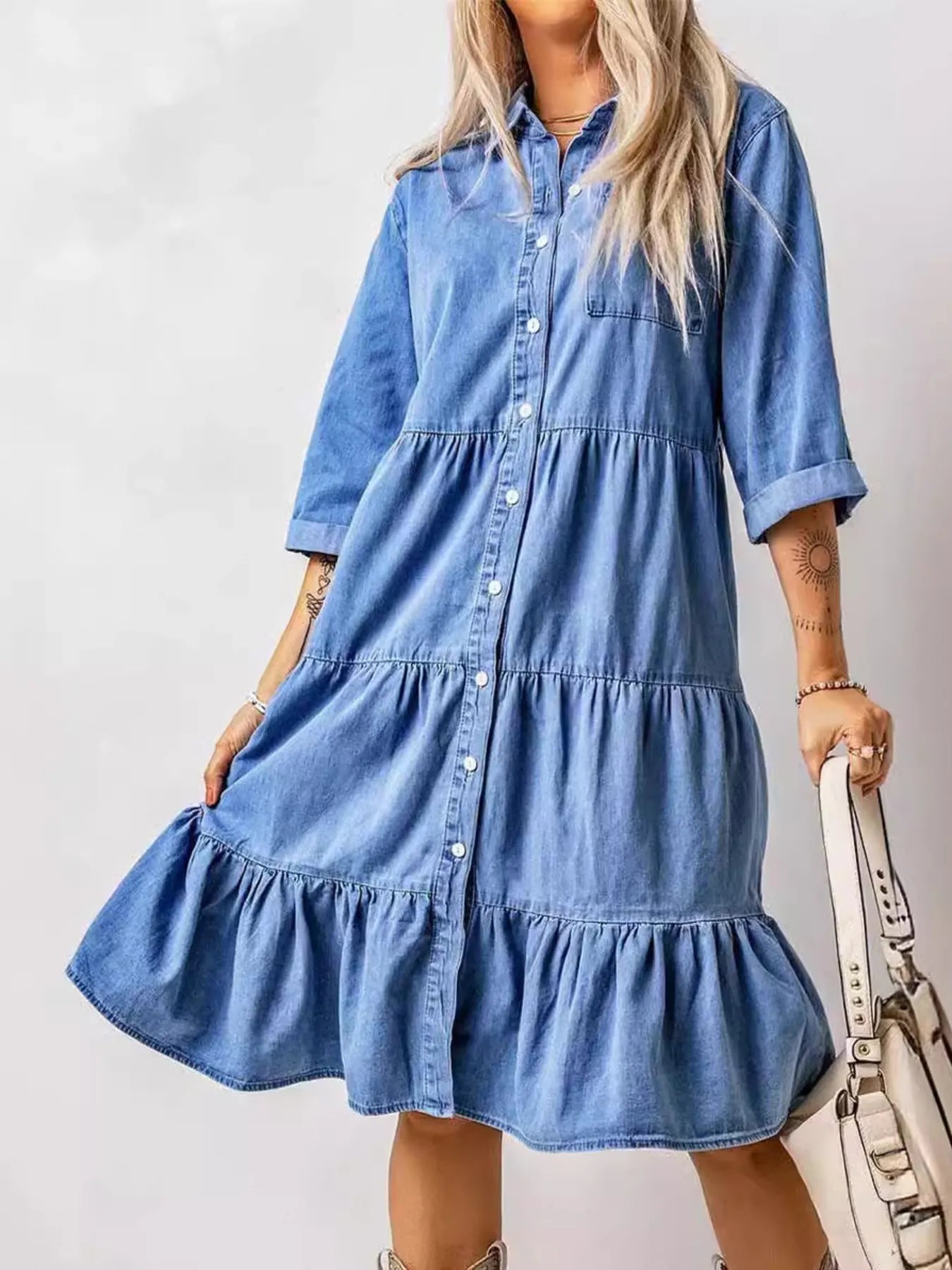 Full Size Ruffled Hem Button Up Denim Midi Dress Plus Size - MAD RUFFI